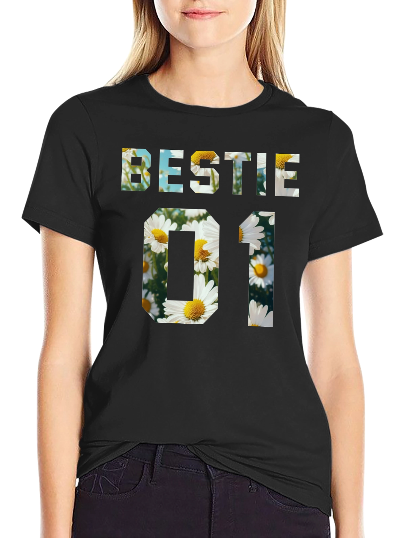 Bestie 01 Floral Graphic Black T-Shirt