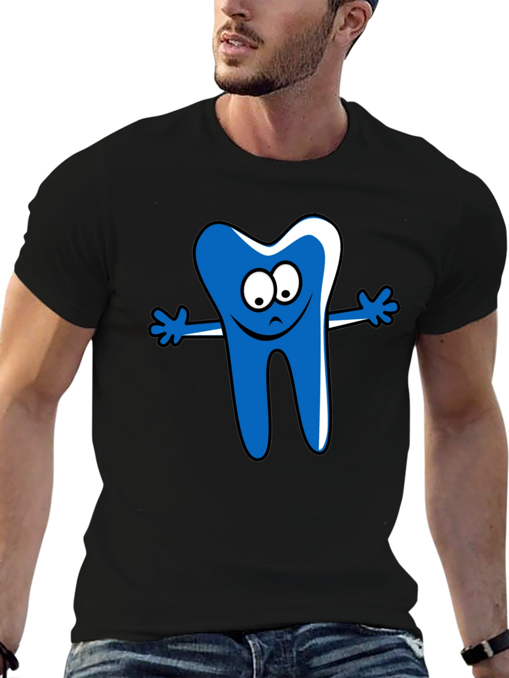 Cartoon Tooth Graphic T-Shirt - Black Cotton Tee