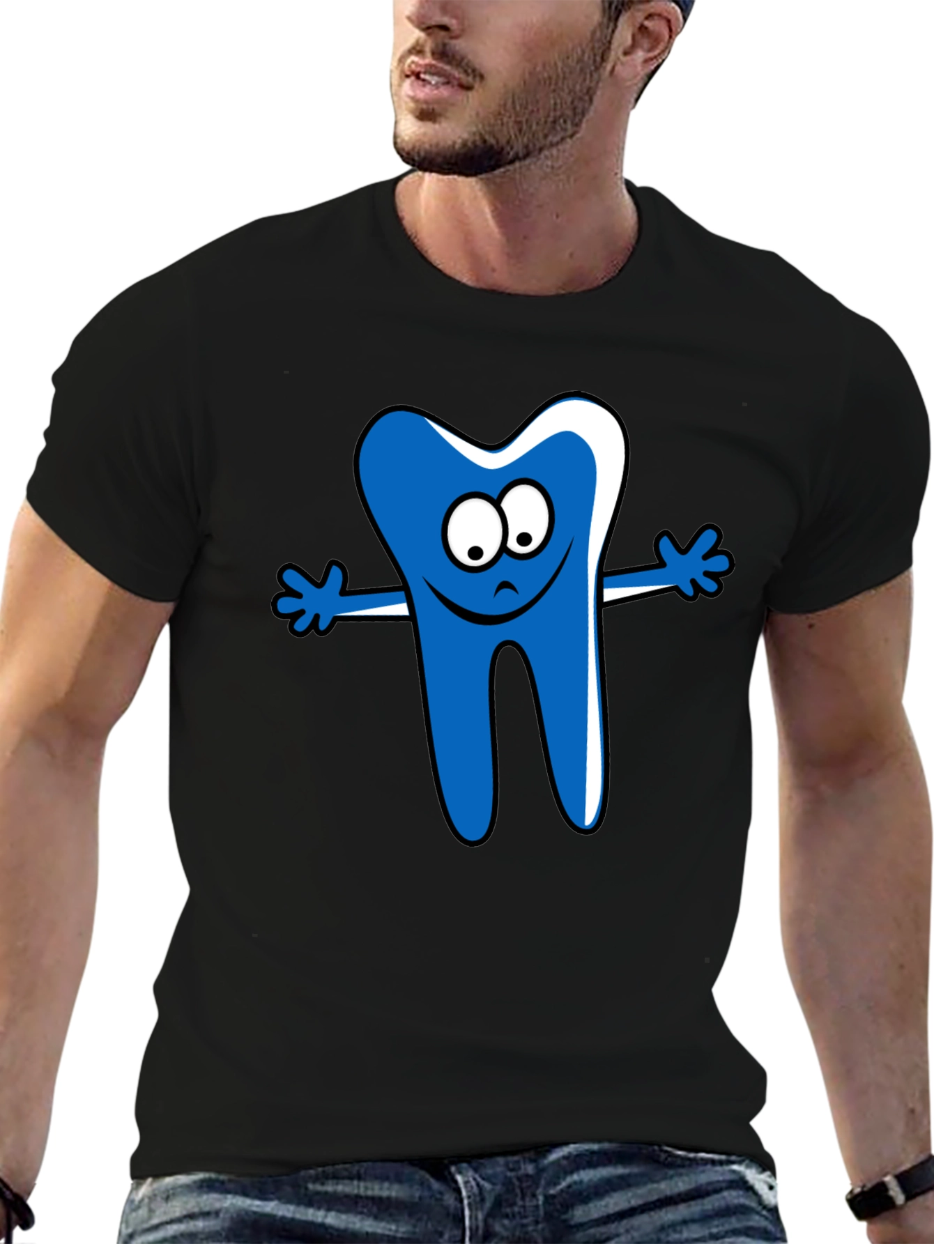 Cartoon Tooth Graphic T-Shirt - Black Cotton Tee