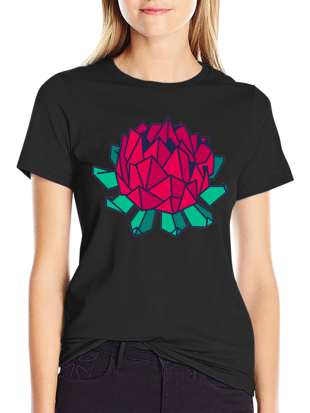 Geometric Floral Print Black T-Shirt