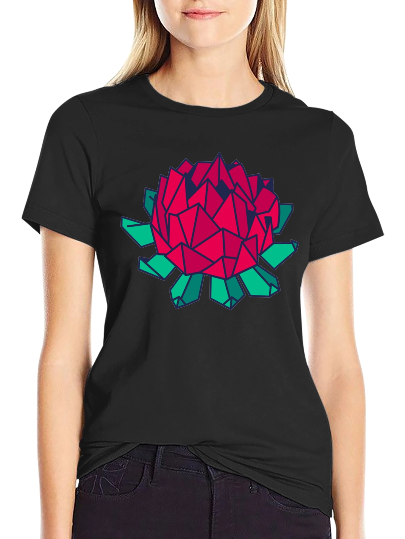 Geometric Floral Print Black T-Shirt