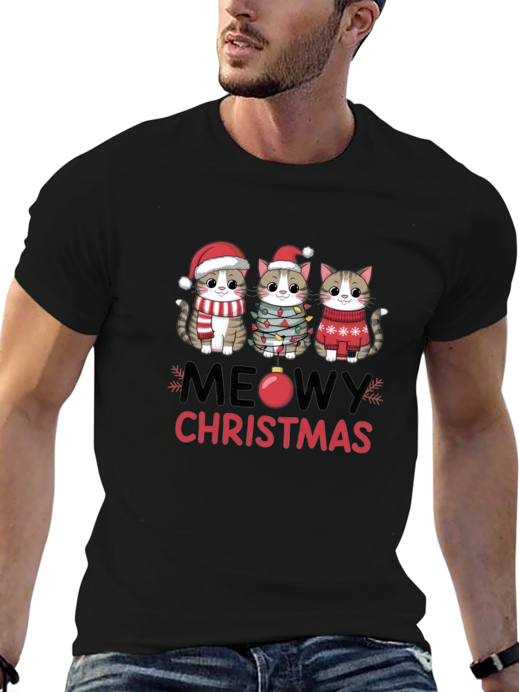 Meowy Christmas Cat T-Shirt Festive Holiday Apparel