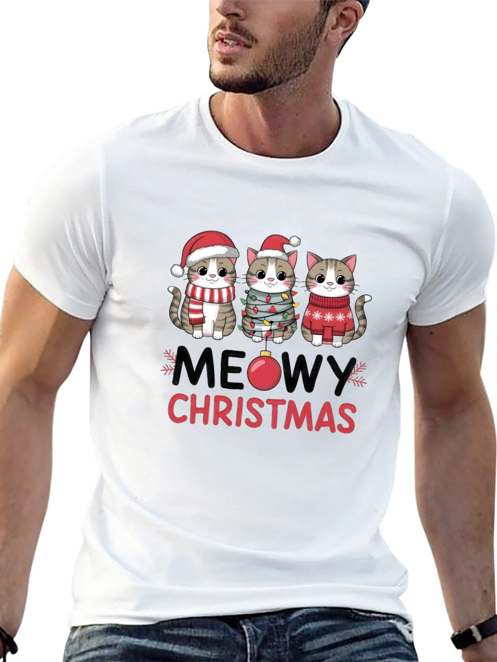 Meowy Christmas Cat T-Shirt Festive Holiday Apparel
