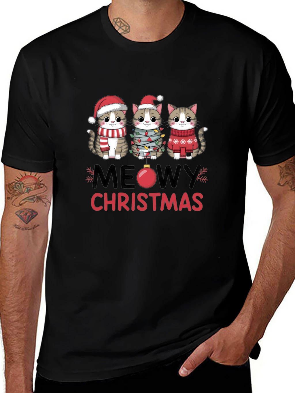 Meowy Christmas Cat T-Shirt Festive Holiday Apparel
