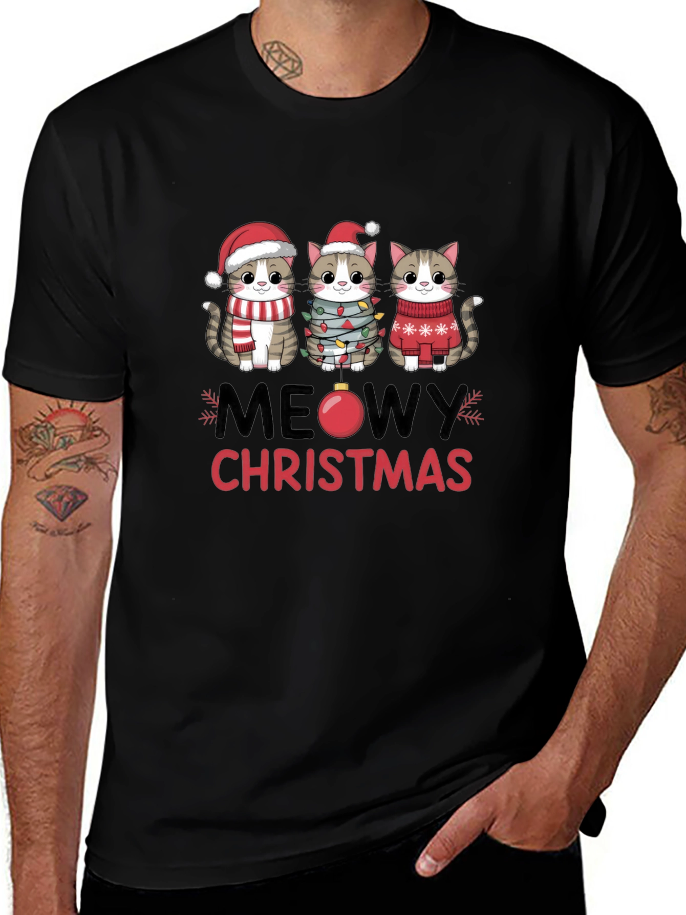 Meowy Christmas Cat T-Shirt Festive Holiday Apparel