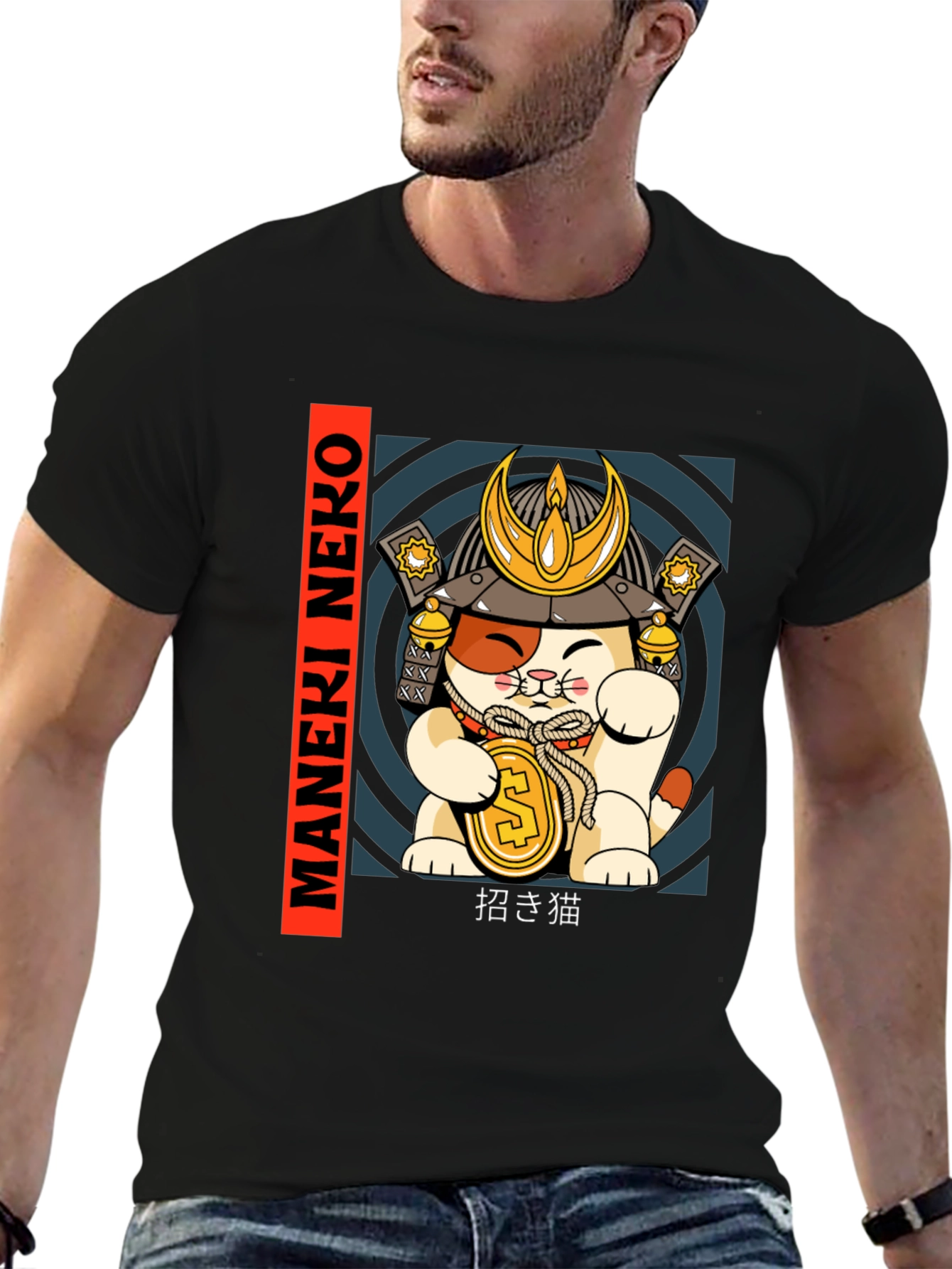 Maneki Neko Samurai Cat T-Shirt - Lucky Cat Tee