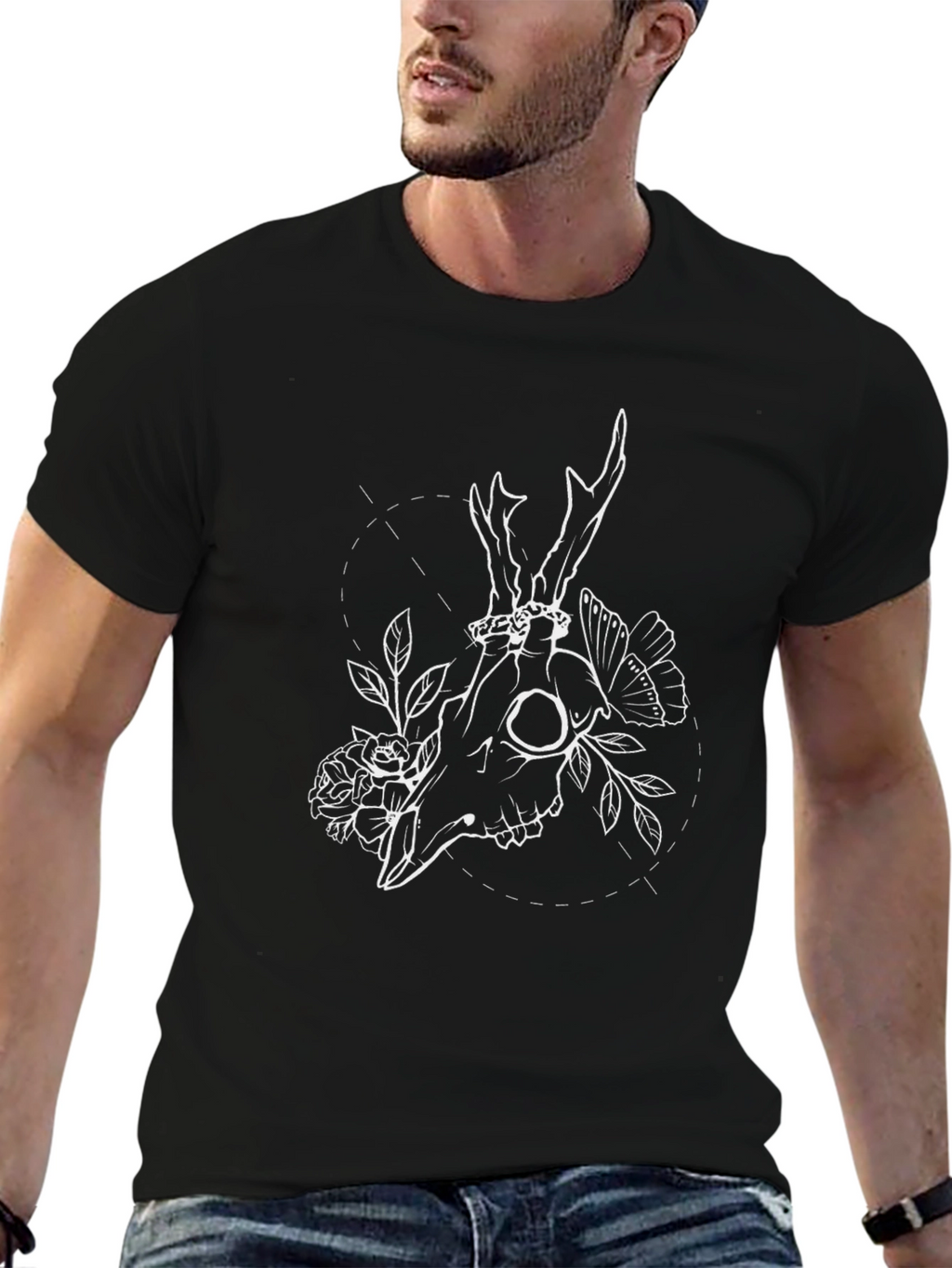 Skull & Floral Graphic T-Shirt - Black