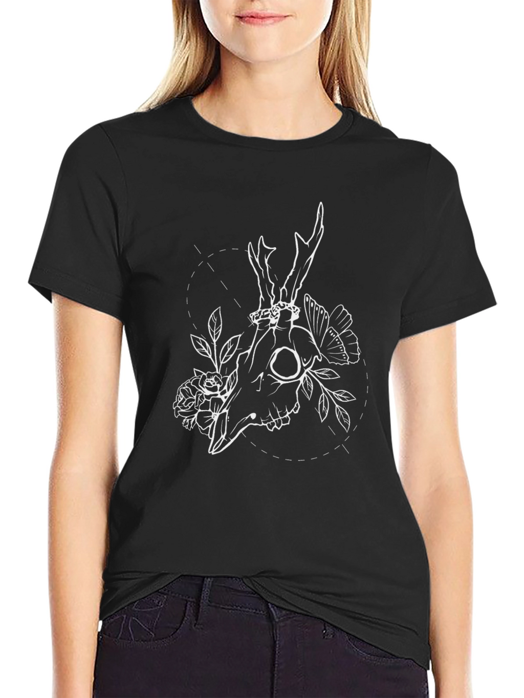 Skull & Floral Graphic T-Shirt - Black