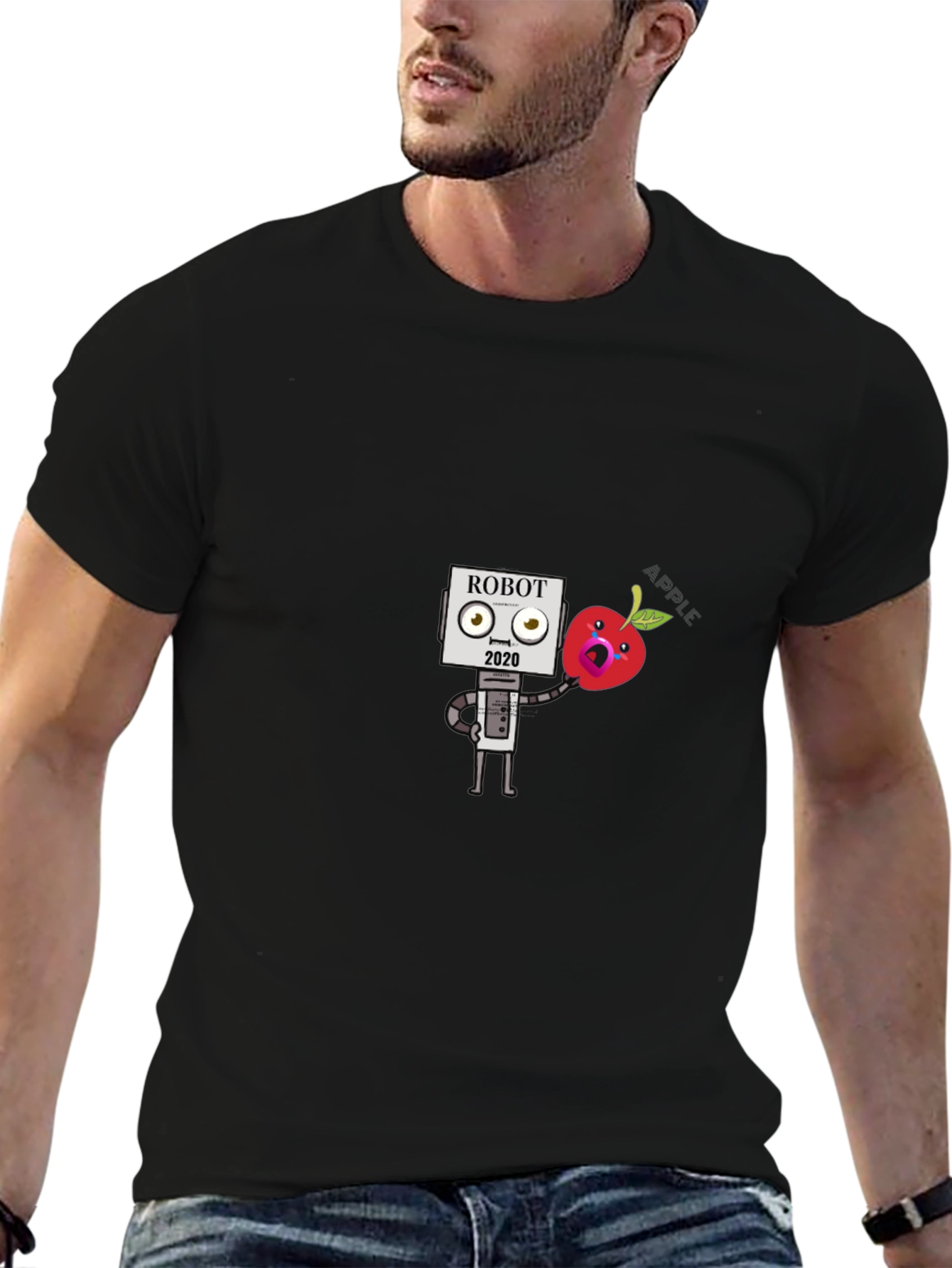 Robot Apple Graphic Tee - Black Cotton T-Shirt