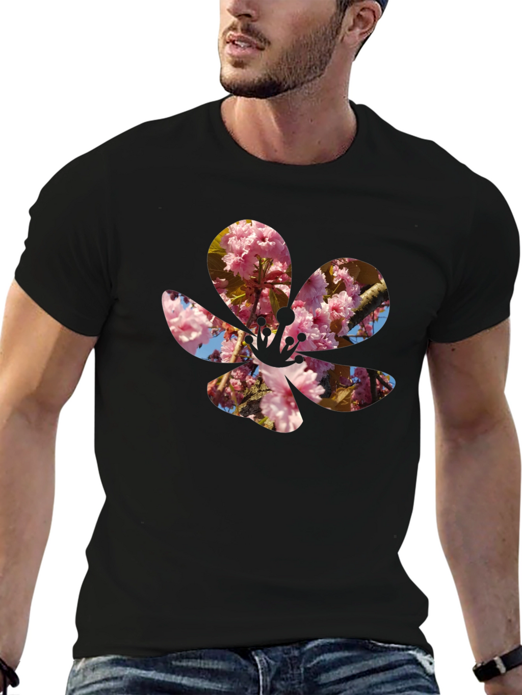 Blossom Print T-Shirt - Casual Black Tee