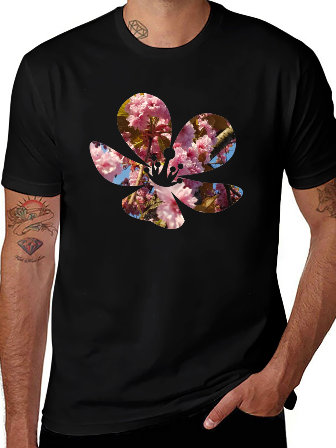 Blossom Print T-Shirt - Casual Black Tee