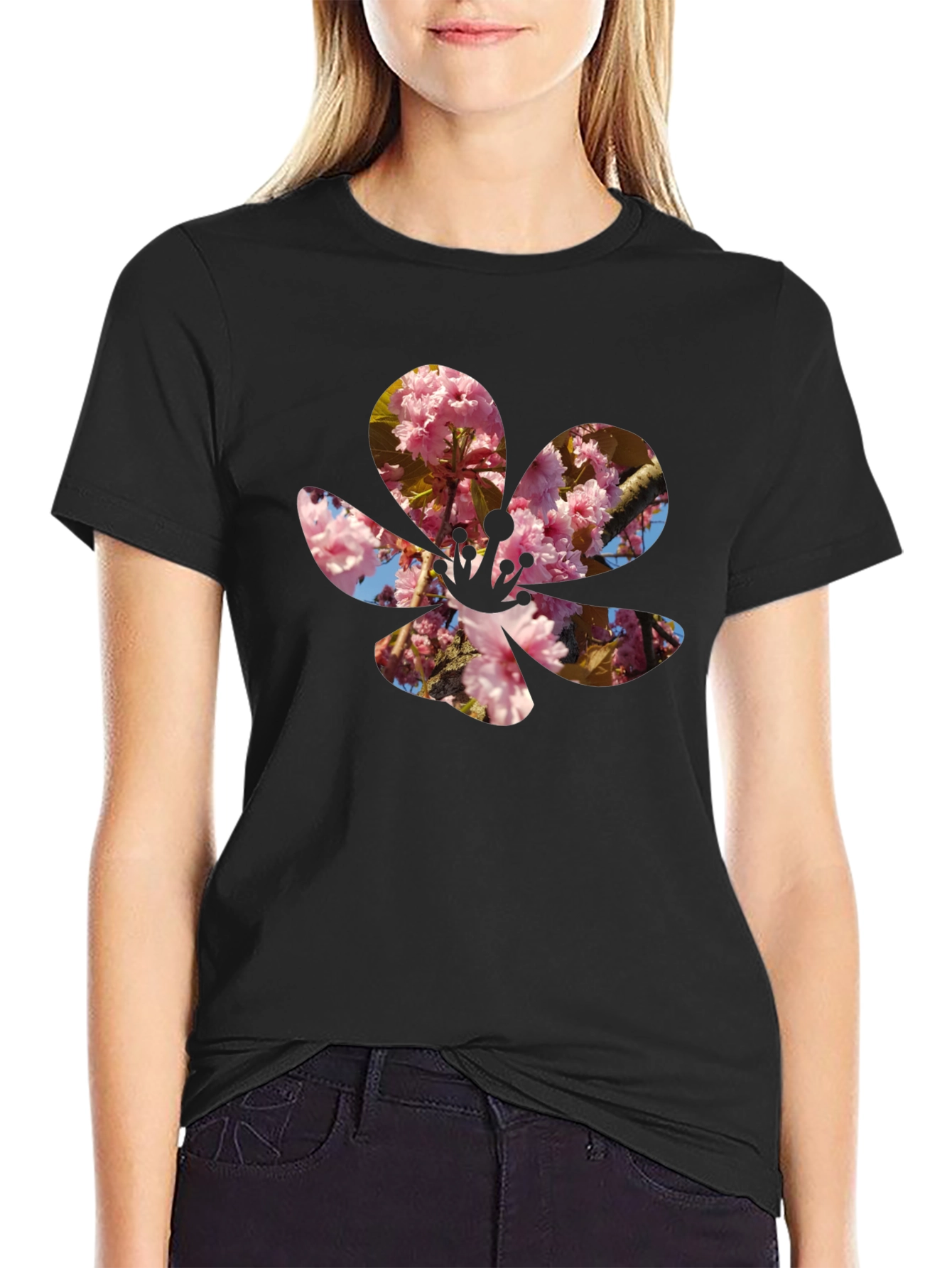 Blossom Print T-Shirt - Casual Black Tee
