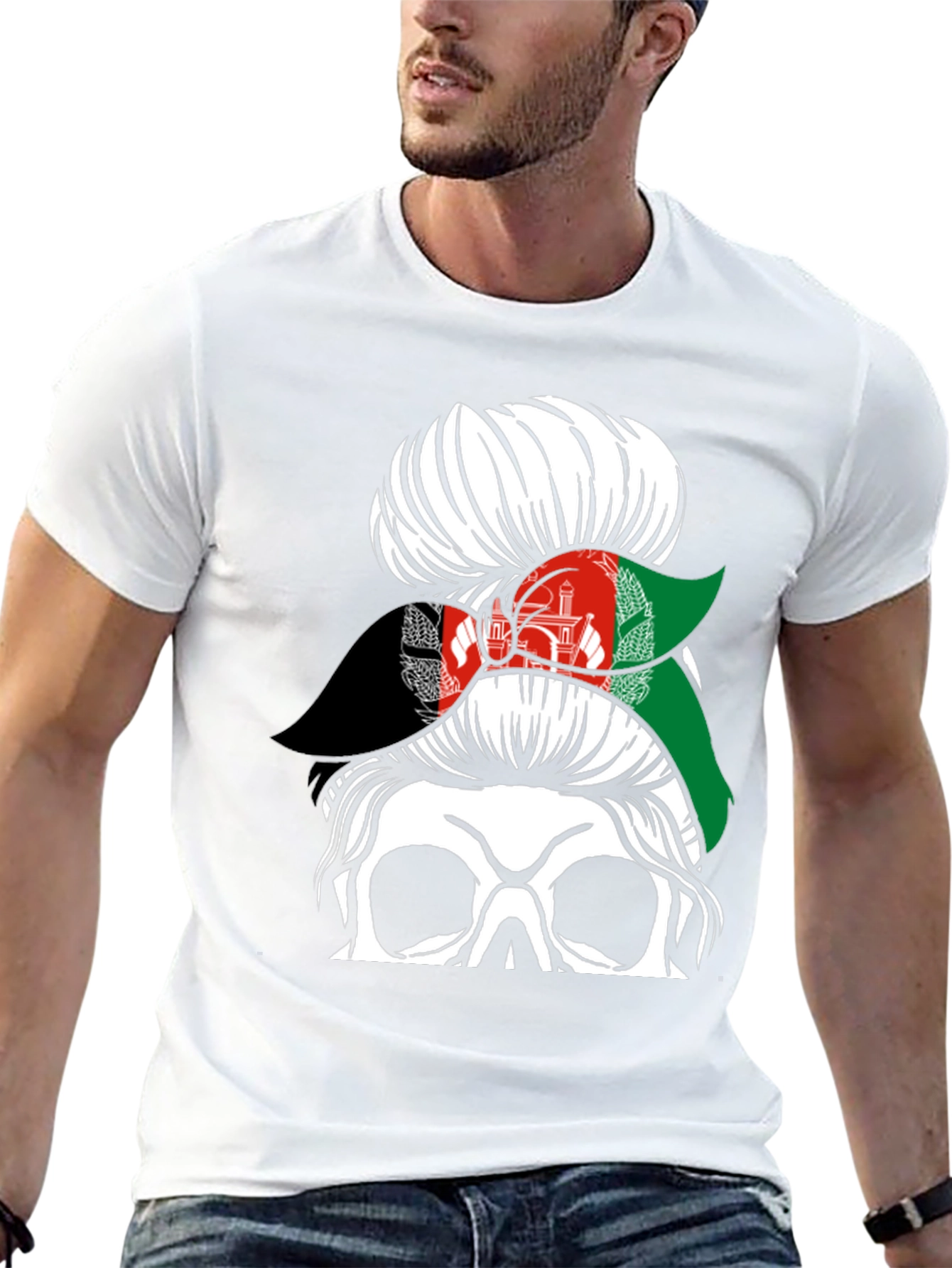 Afghanistan Flag Messy Bun Skull T-Shirt