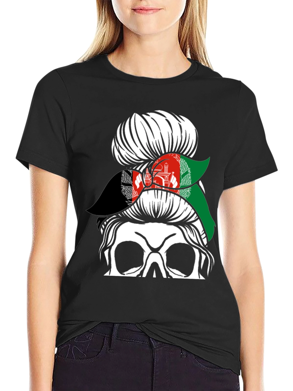Afghanistan Flag Messy Bun Skull T-Shirt