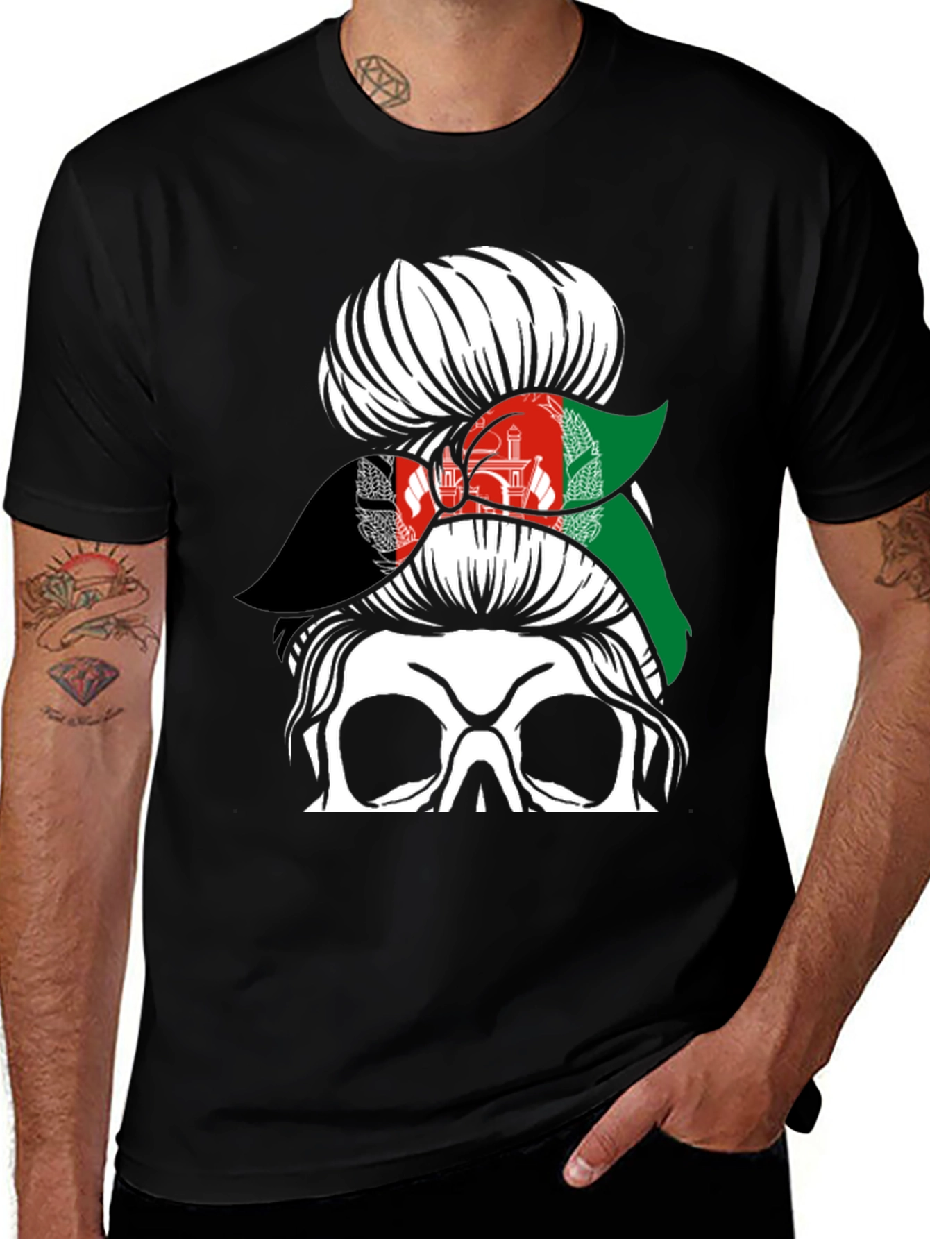 Afghanistan Flag Messy Bun Skull T-Shirt