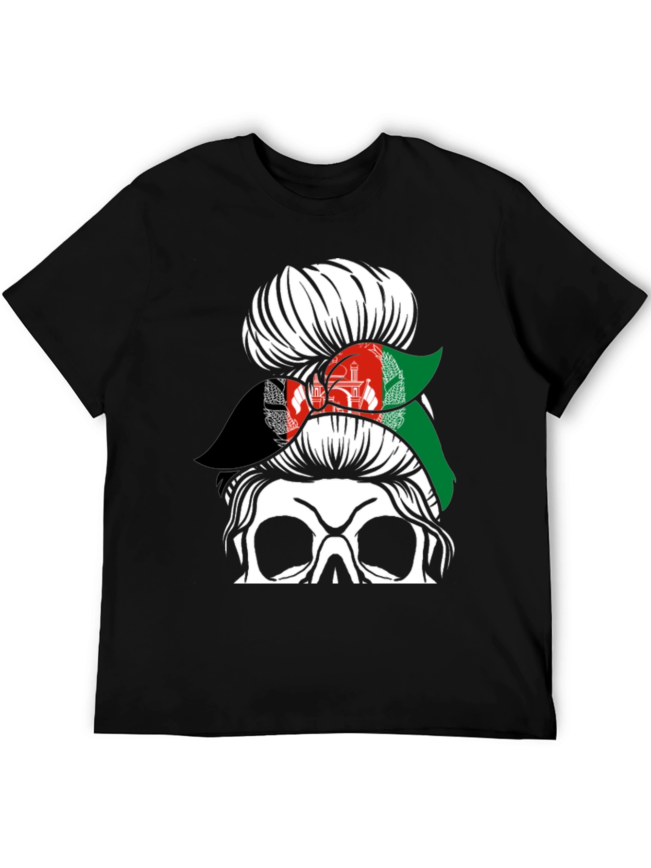 Afghanistan Flag Messy Bun Skull T-Shirt