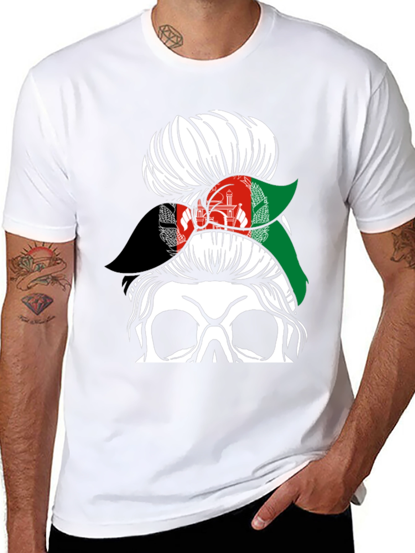 Afghanistan Flag Messy Bun Skull T-Shirt