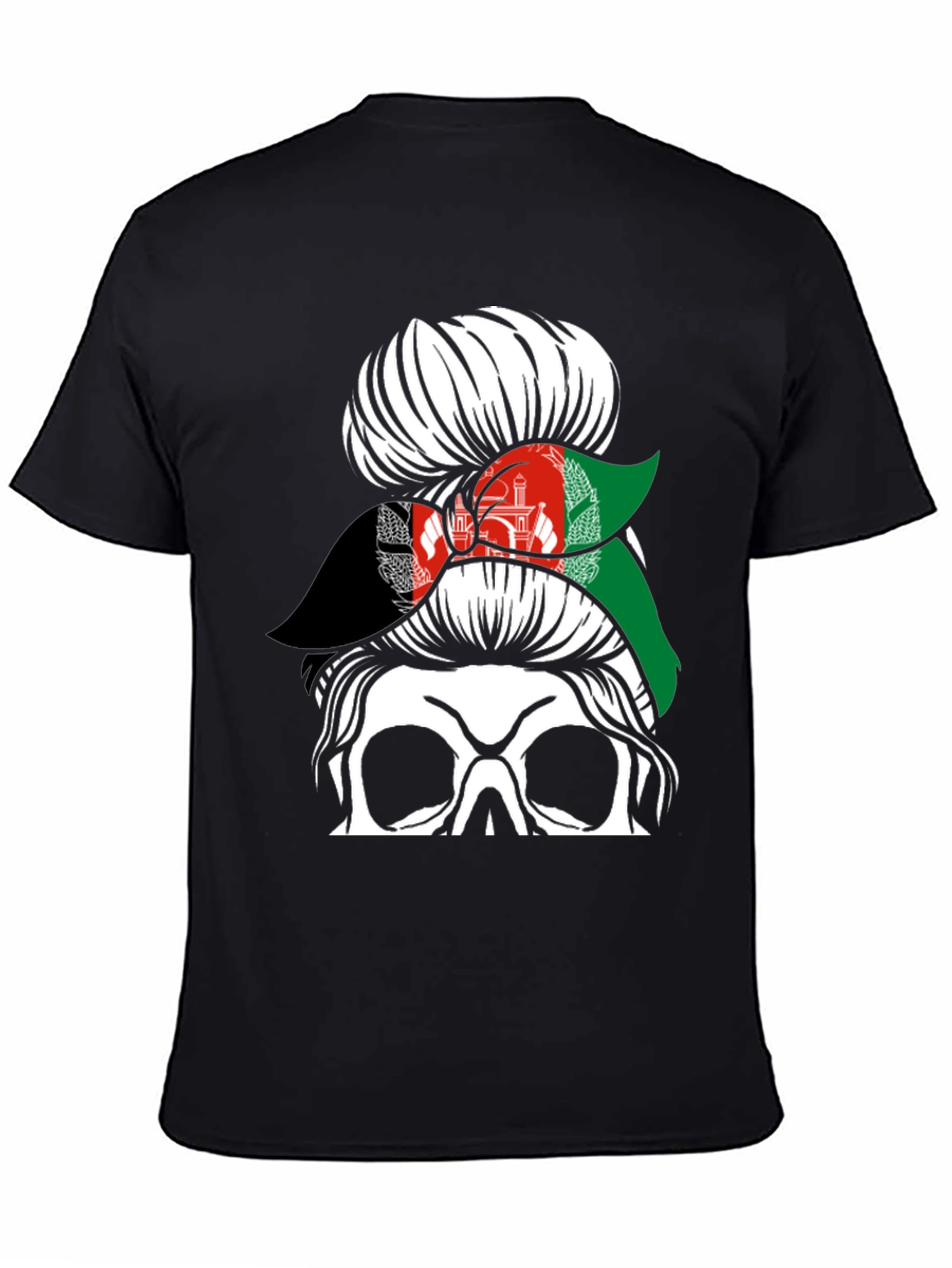 Afghanistan Flag Messy Bun Skull T-Shirt
