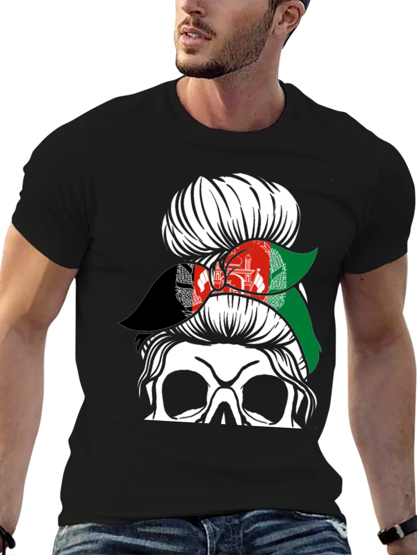 Afghanistan Flag Messy Bun Skull T-Shirt
