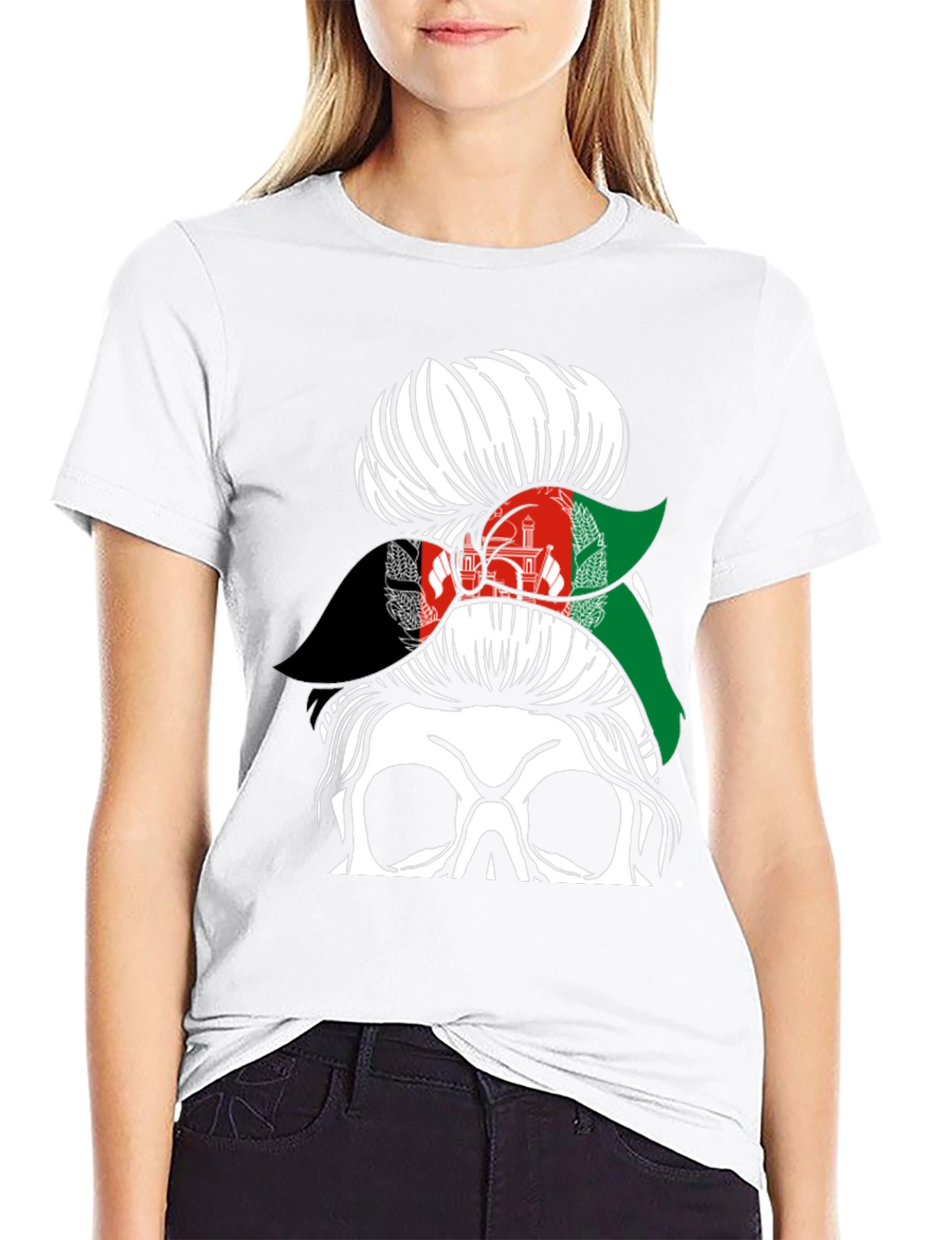 Afghanistan Flag Messy Bun Skull T-Shirt