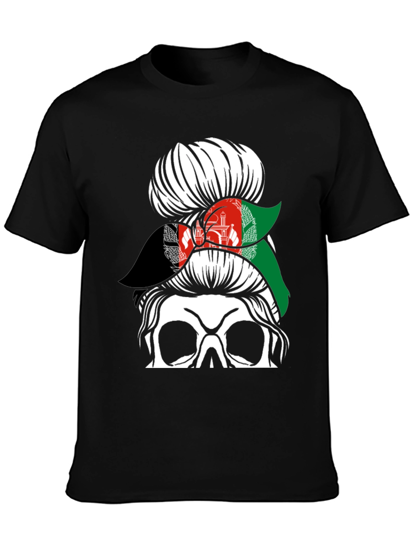 Afghanistan Flag Messy Bun Skull T-Shirt