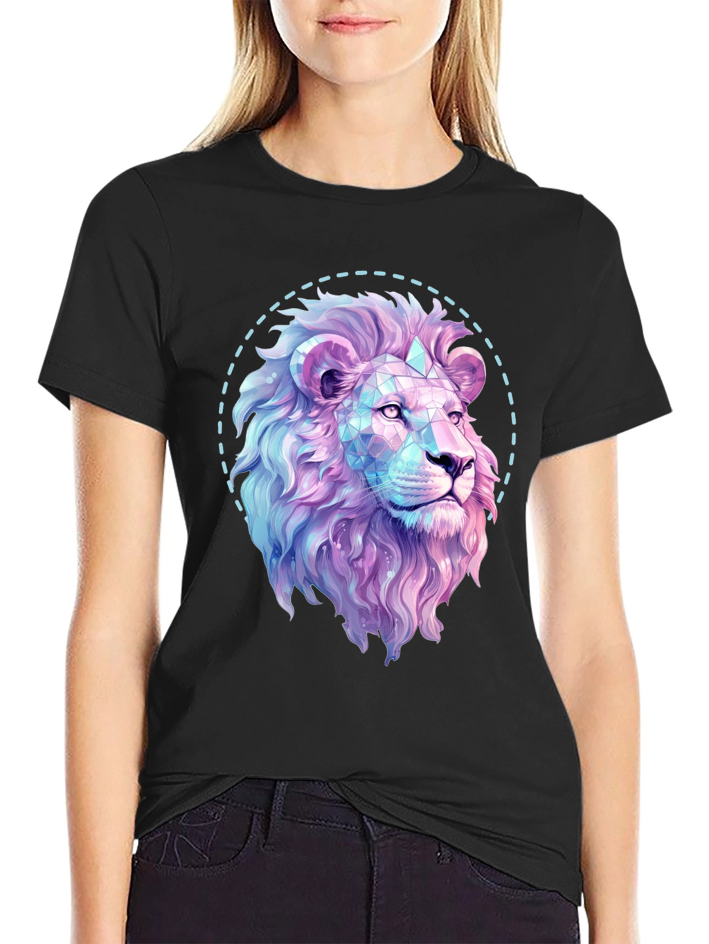Geometric Lion Graphic Print Black T-Shirt