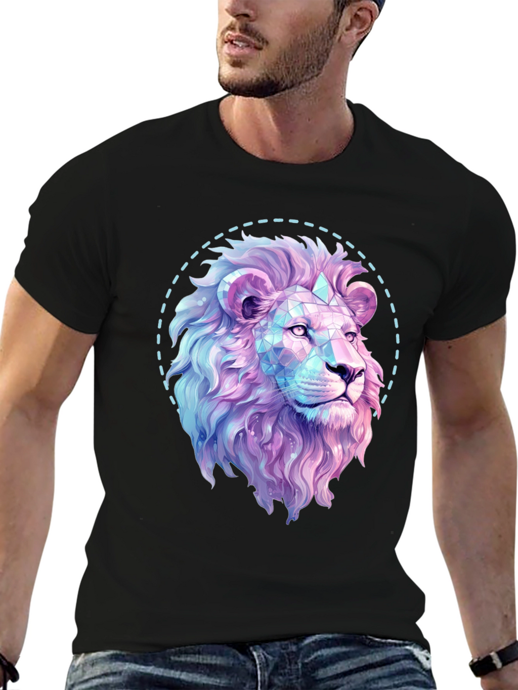 Geometric Lion Graphic Print Black T-Shirt