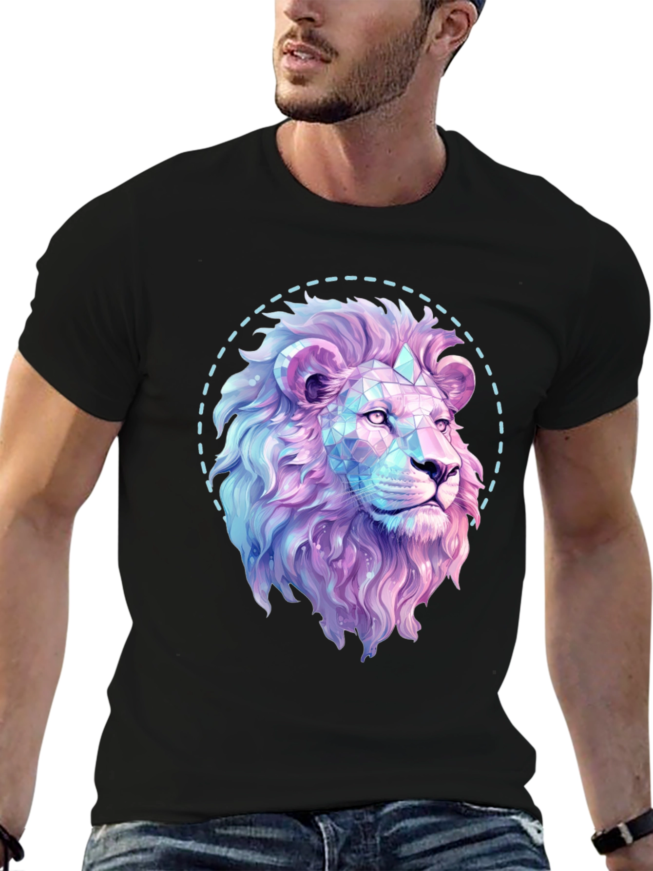 Geometric Lion Graphic Print Black T-Shirt