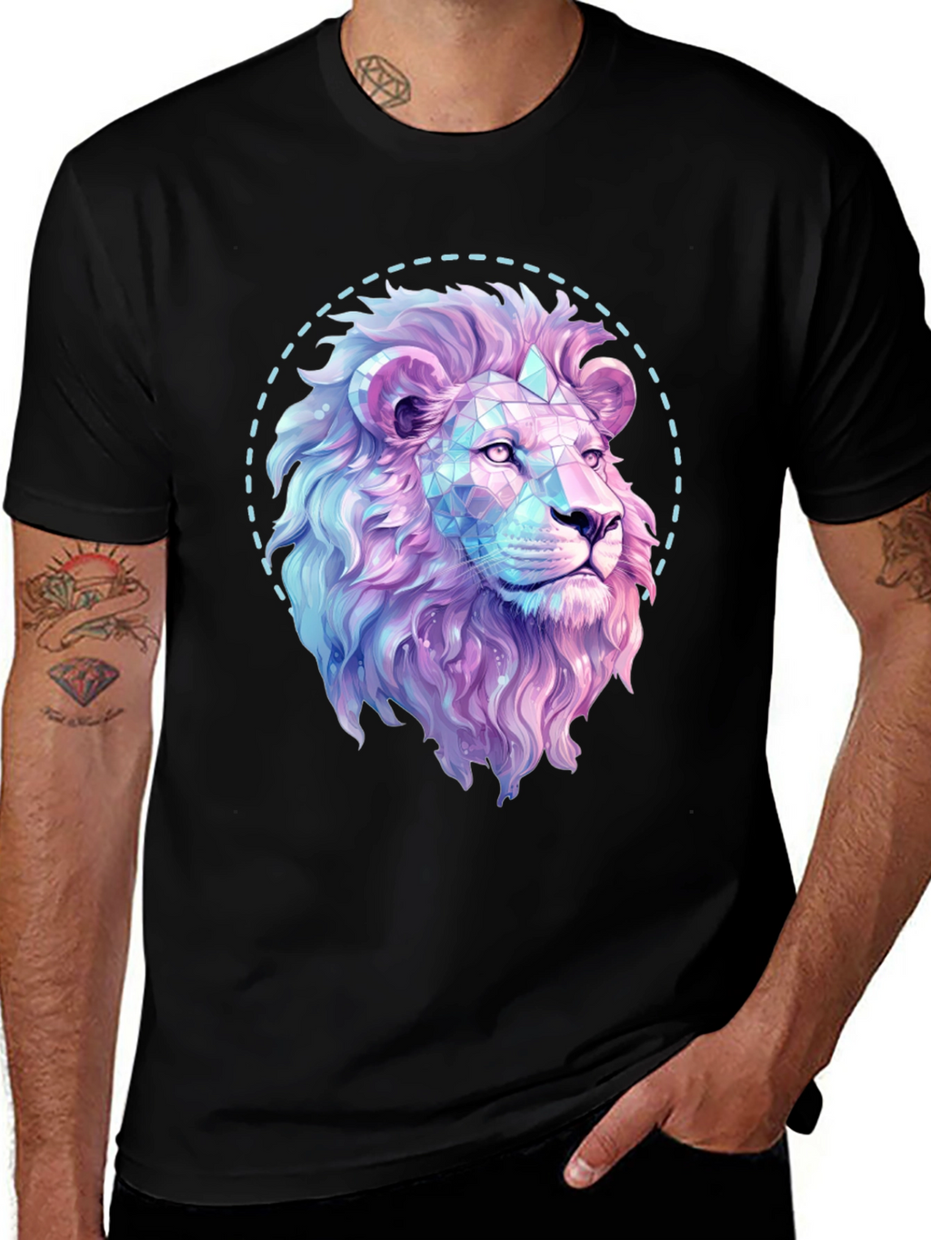 Geometric Lion Graphic Print Black T-Shirt