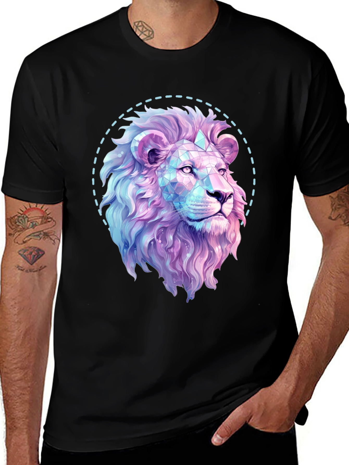 Geometric Lion Graphic Print Black T-Shirt