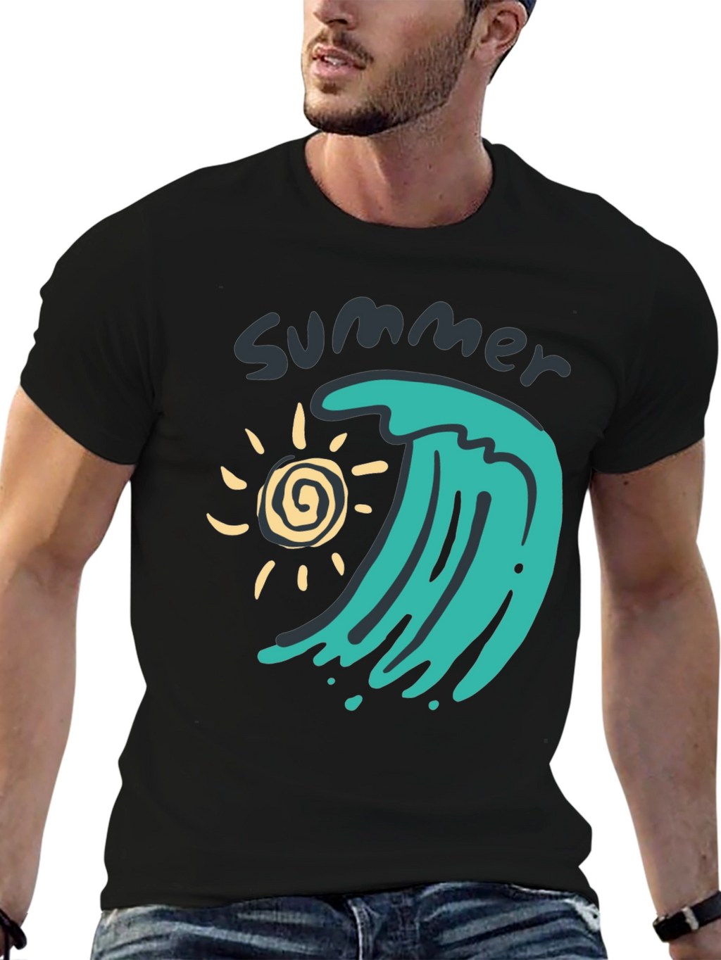 Summer Wave Graphic Tee - Black Cotton T-Shirt
