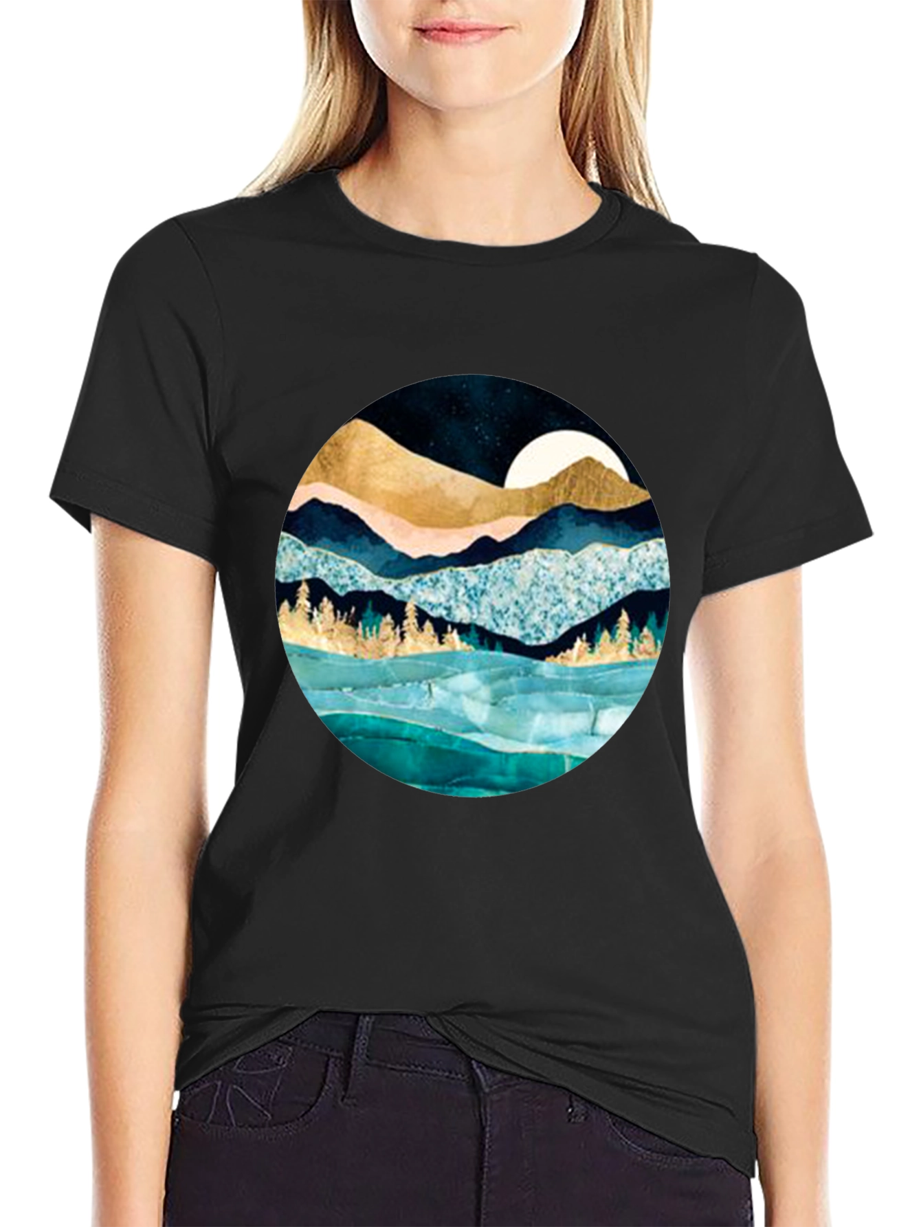 Mountain & Moon Graphic Tee - Stylish Black Shirt
