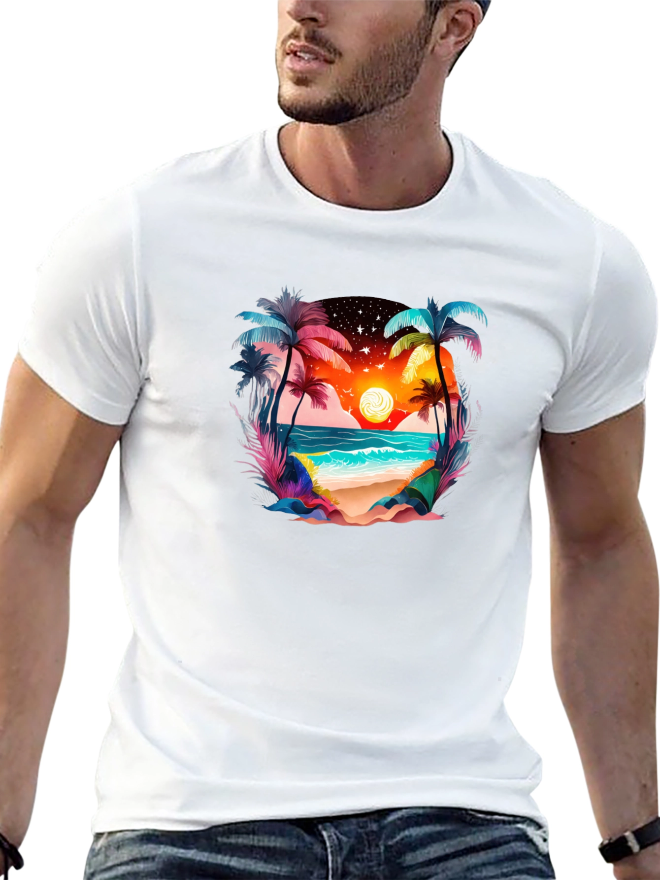 Tropical Beach Sunset Graphic Tee - Black