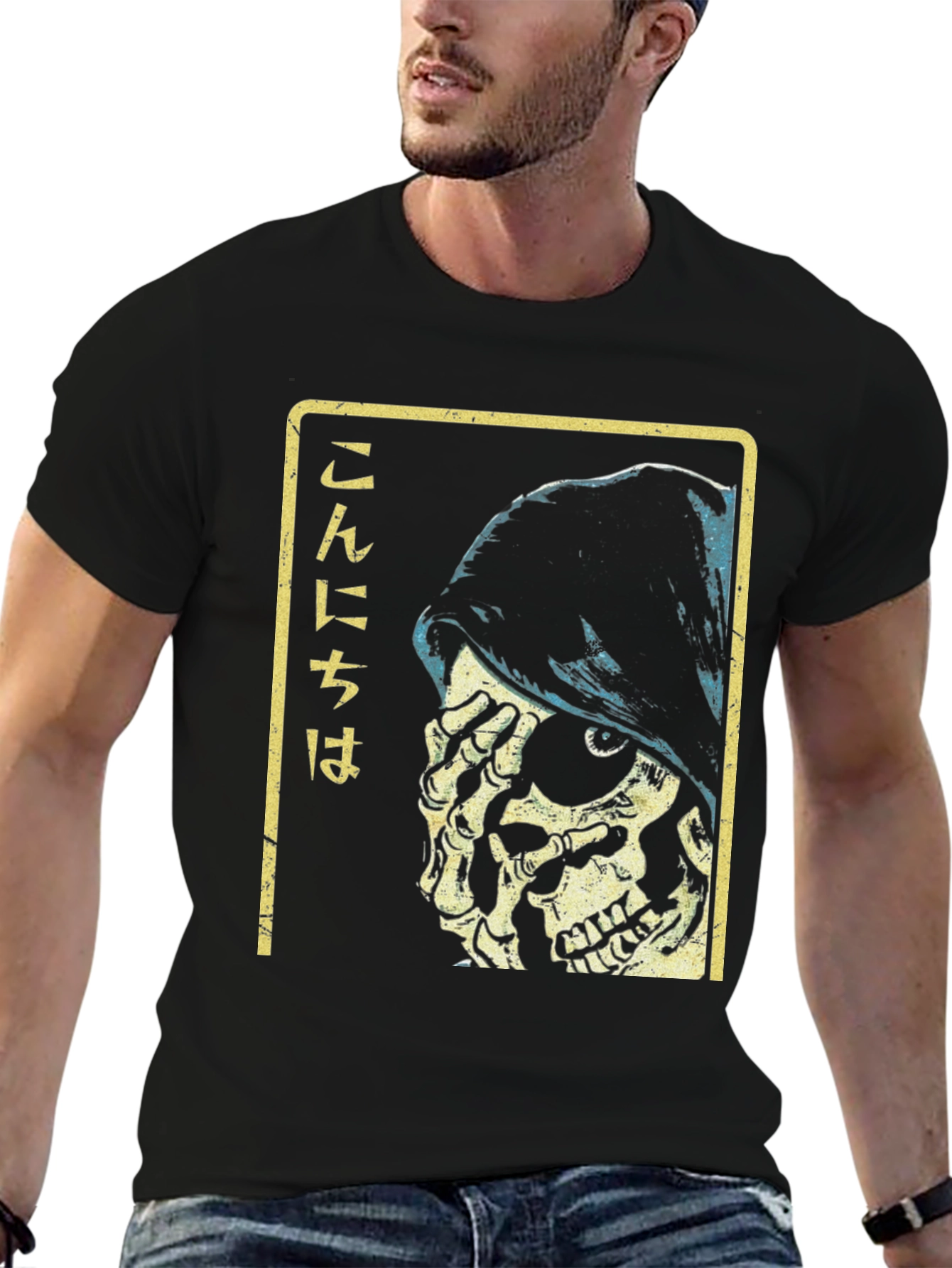 Grim Reaper Japanese Text Black Graphic Tee