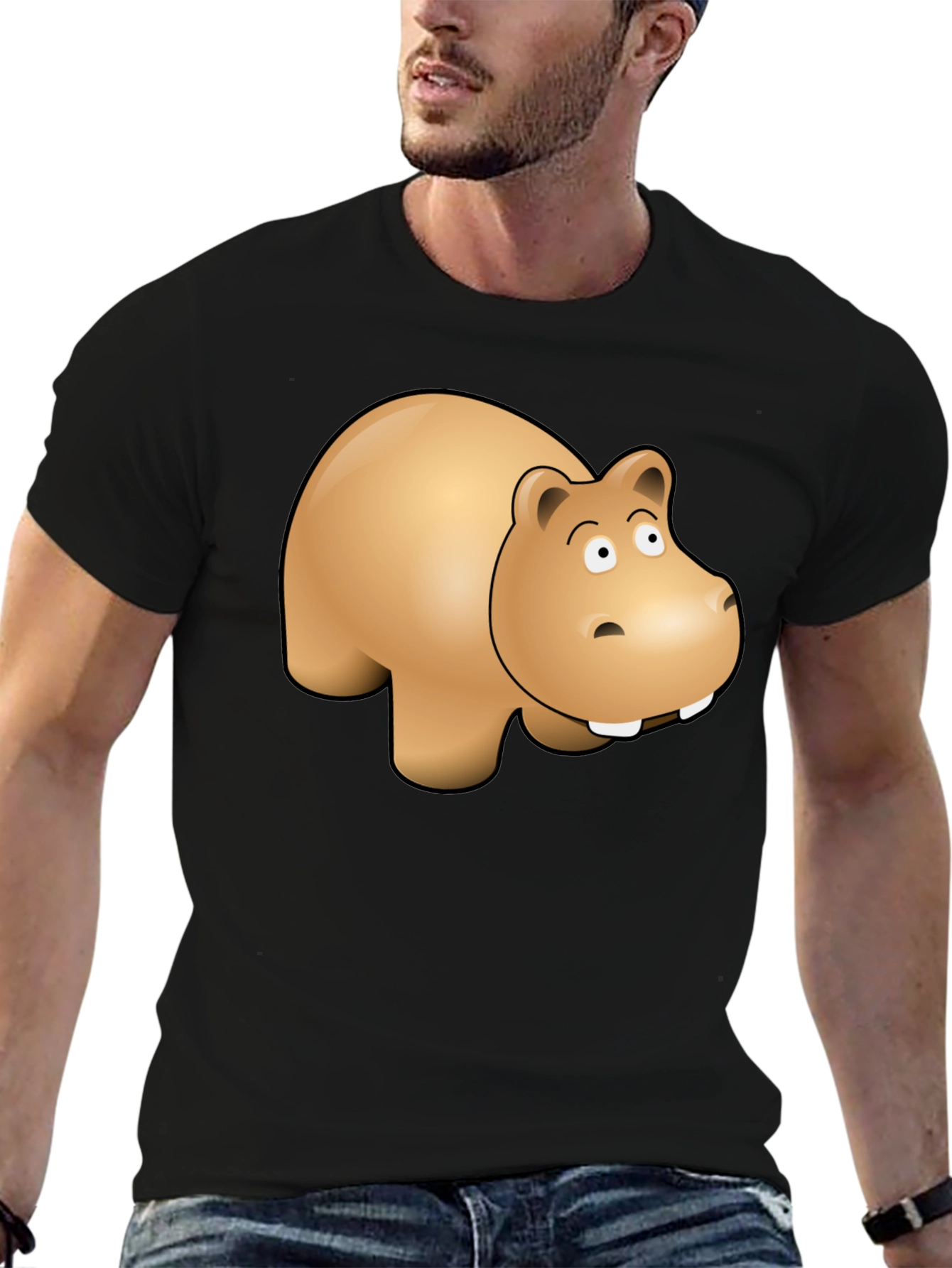 Cartoon Hippo Graphic Tee - Black Cotton Blend