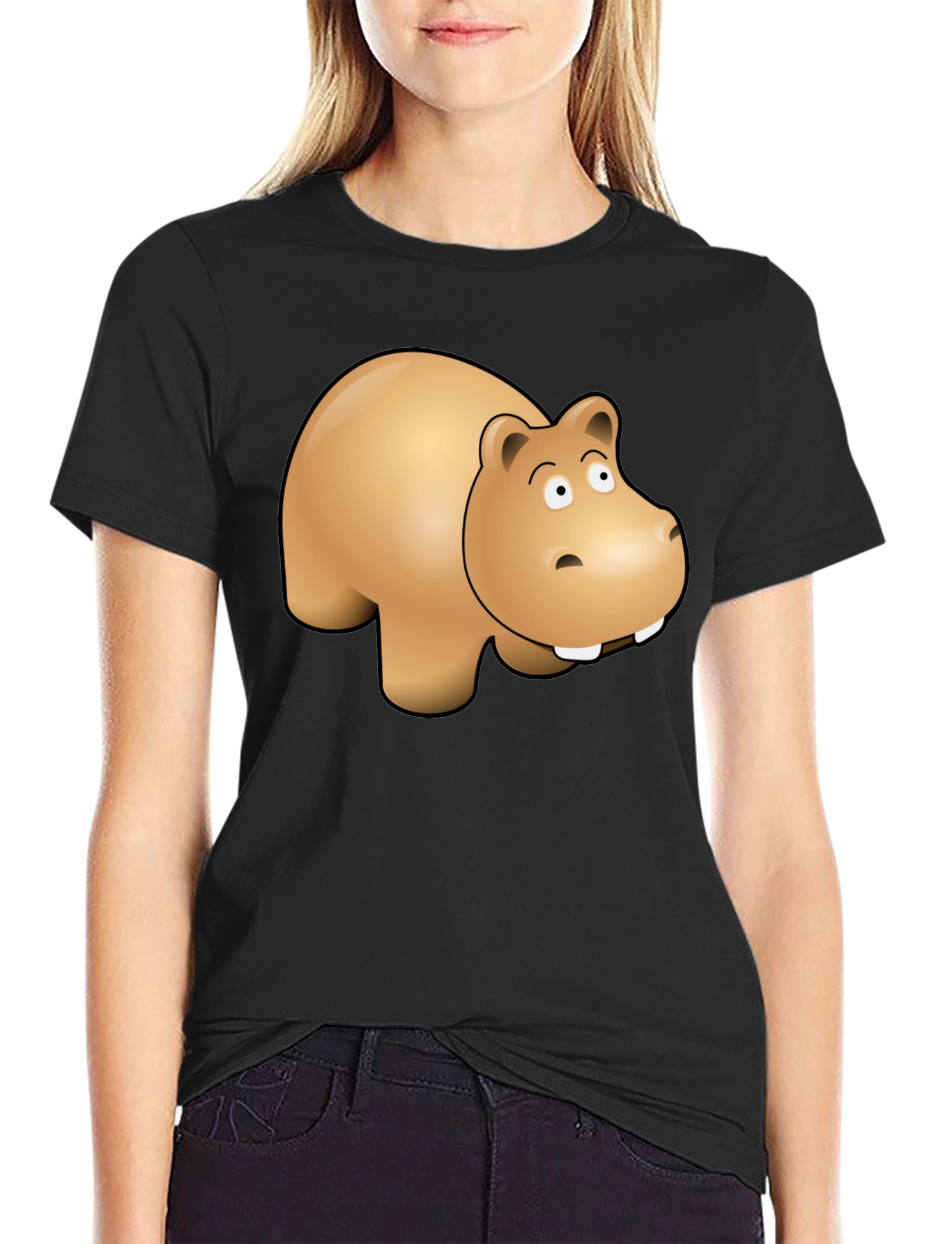 Cartoon Hippo Graphic Tee - Black Cotton Blend