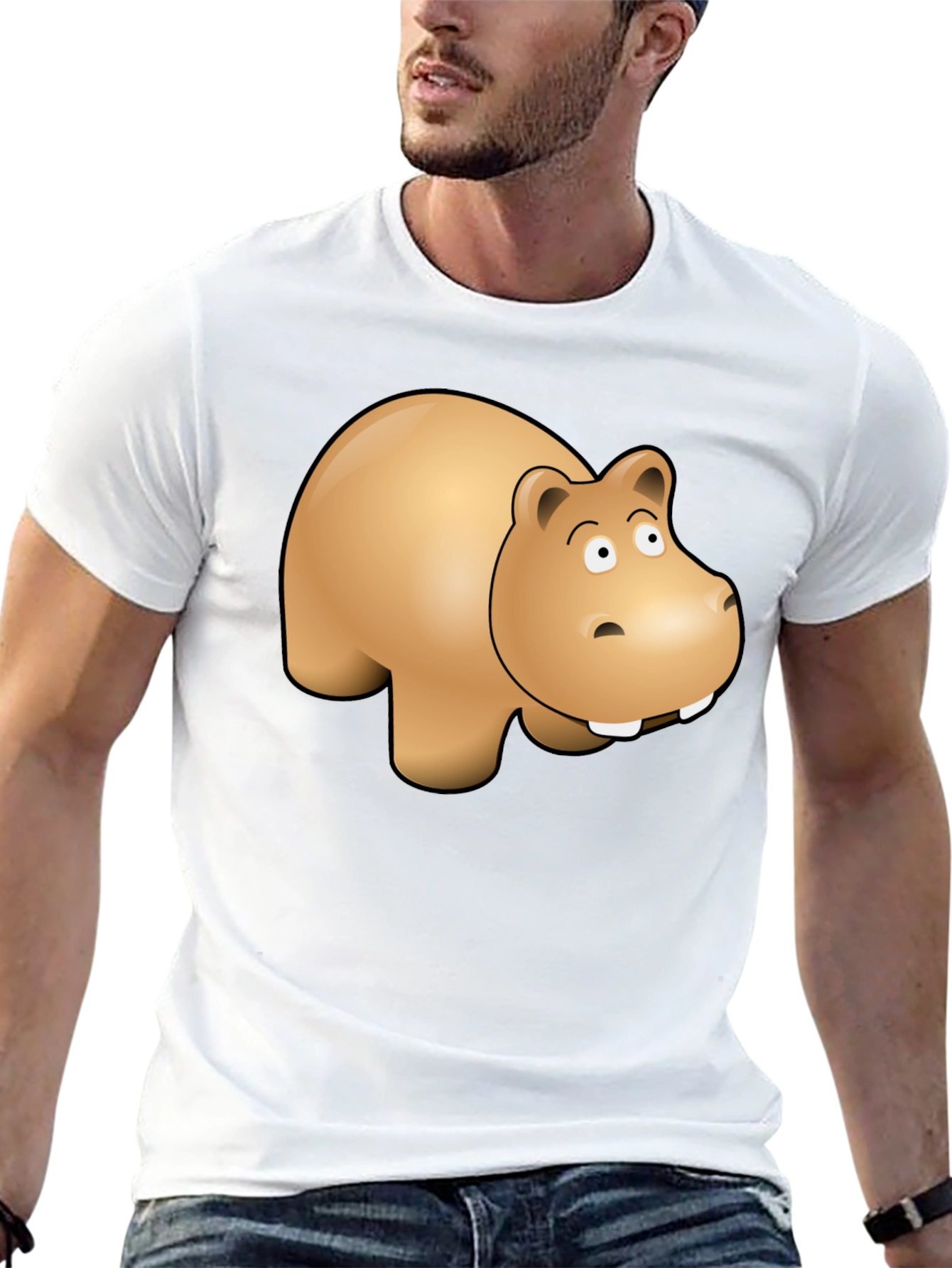 Cartoon Hippo Graphic Tee - Black Cotton Blend