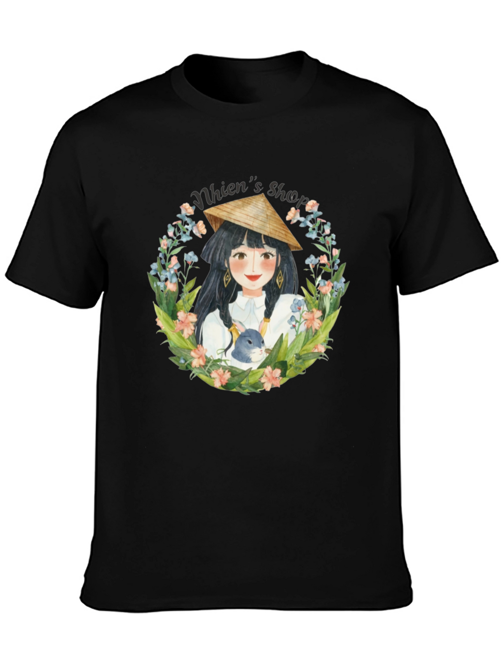 Whimsical Girl with Rabbit Black T-Shirt