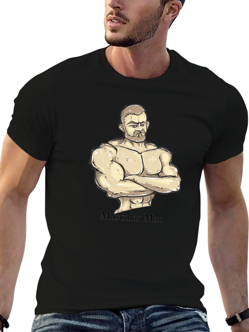 Muscular Man Graphic T-Shirt - Black Cotton Tee
