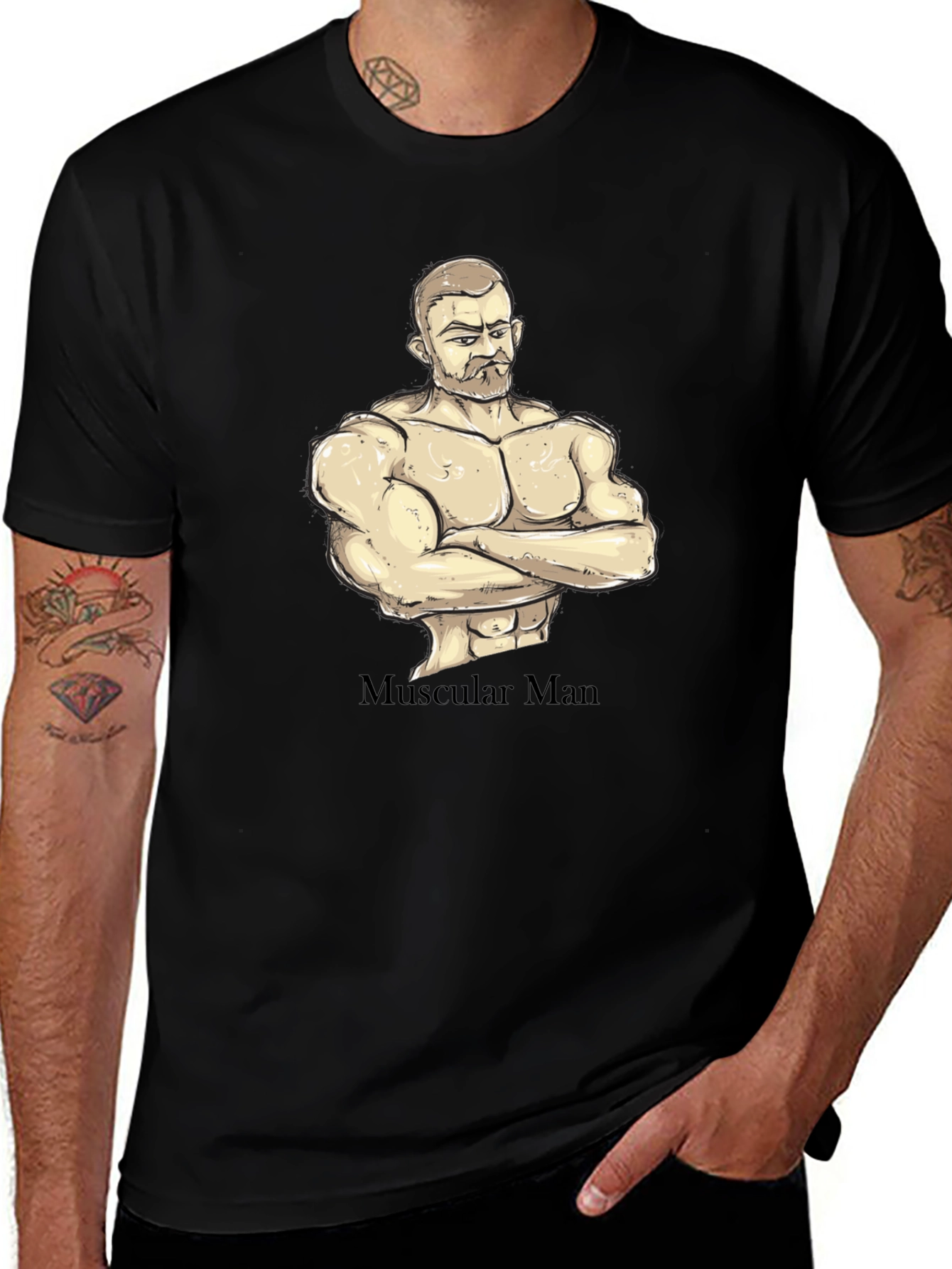 Muscular Man Graphic T-Shirt - Black Cotton Tee