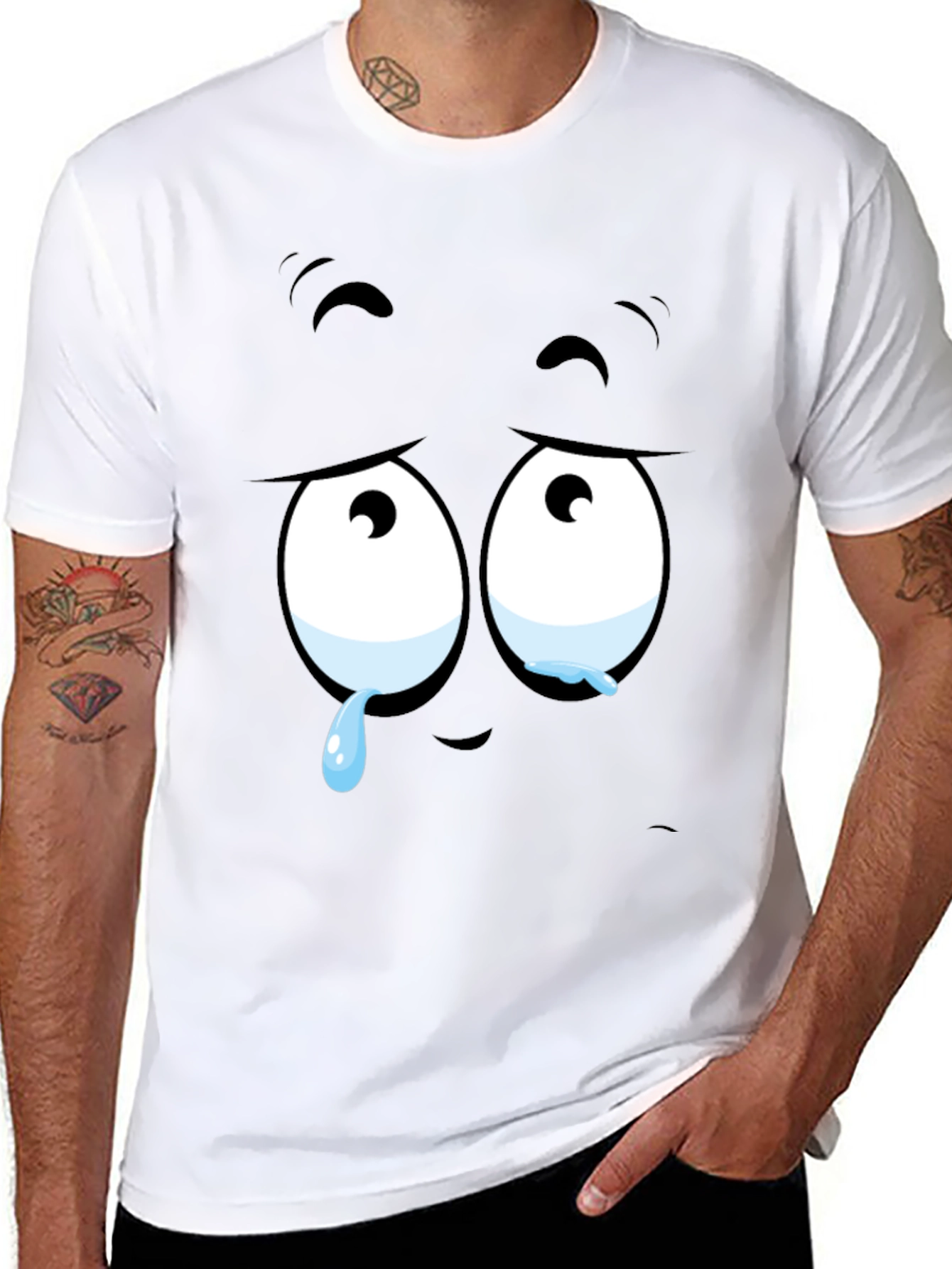 Expressive Sad Face Graphic Print Mens Black T-Shirt
