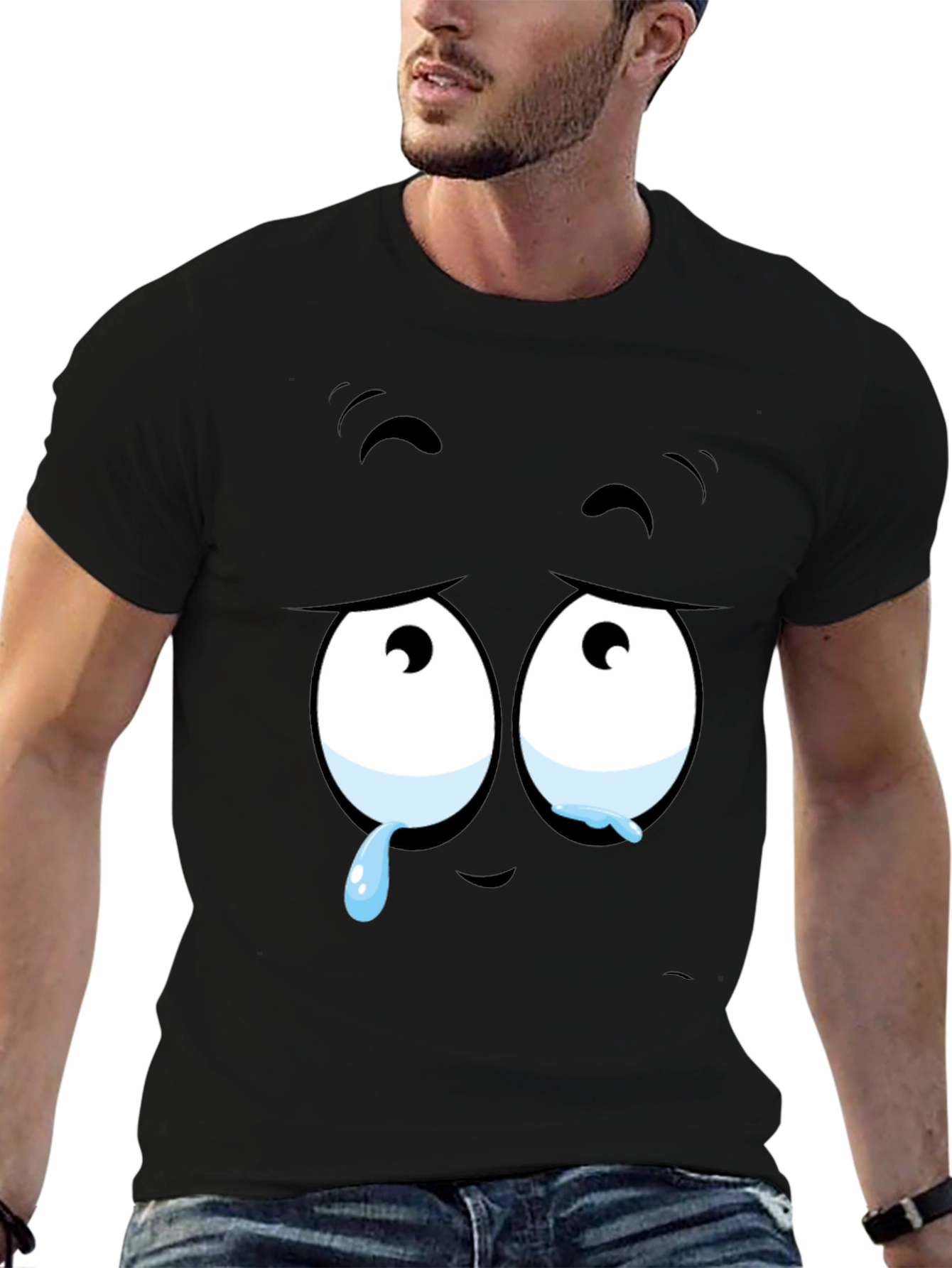 Expressive Sad Face Graphic Print Mens Black T-Shirt