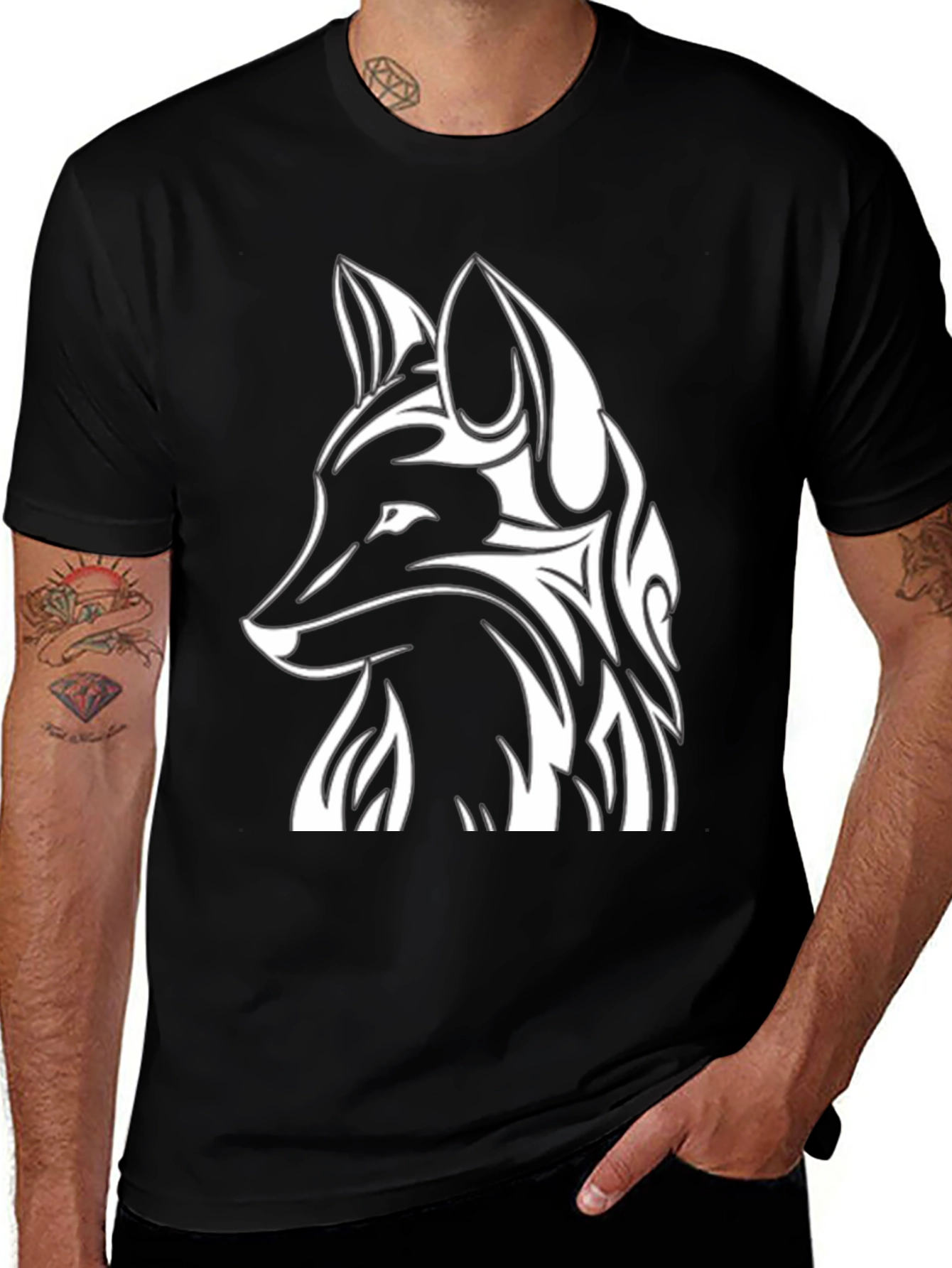 Tribal Fox Graphic Tee - Black Cotton T-Shirt
