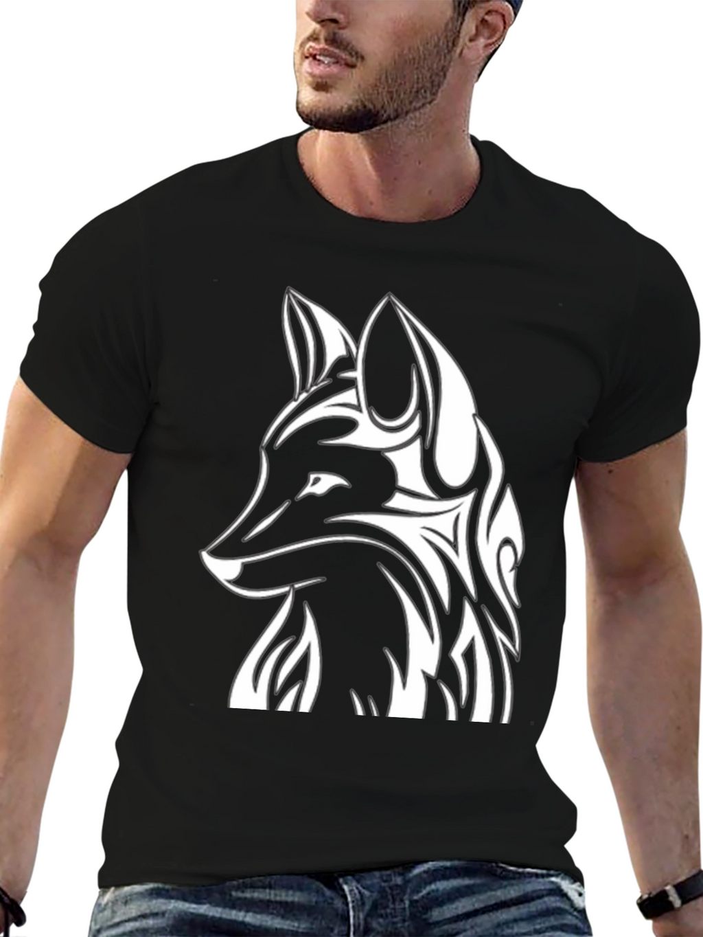 Tribal Fox Graphic Tee - Black Cotton T-Shirt