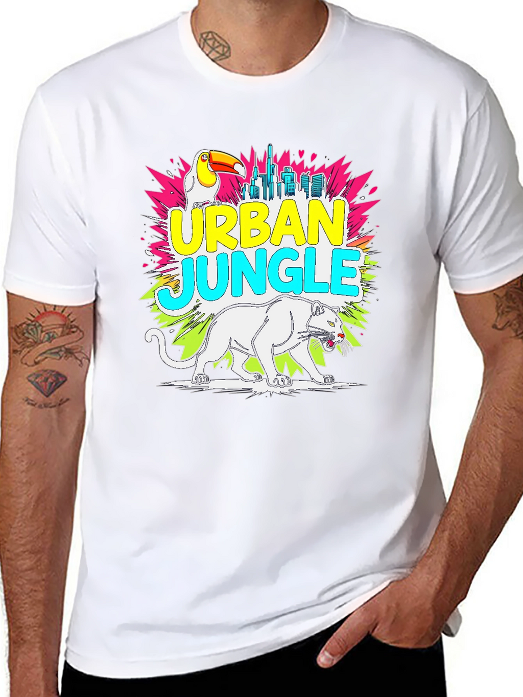 Urban Jungle Graphic Tee - Toucan Panther Cityscape