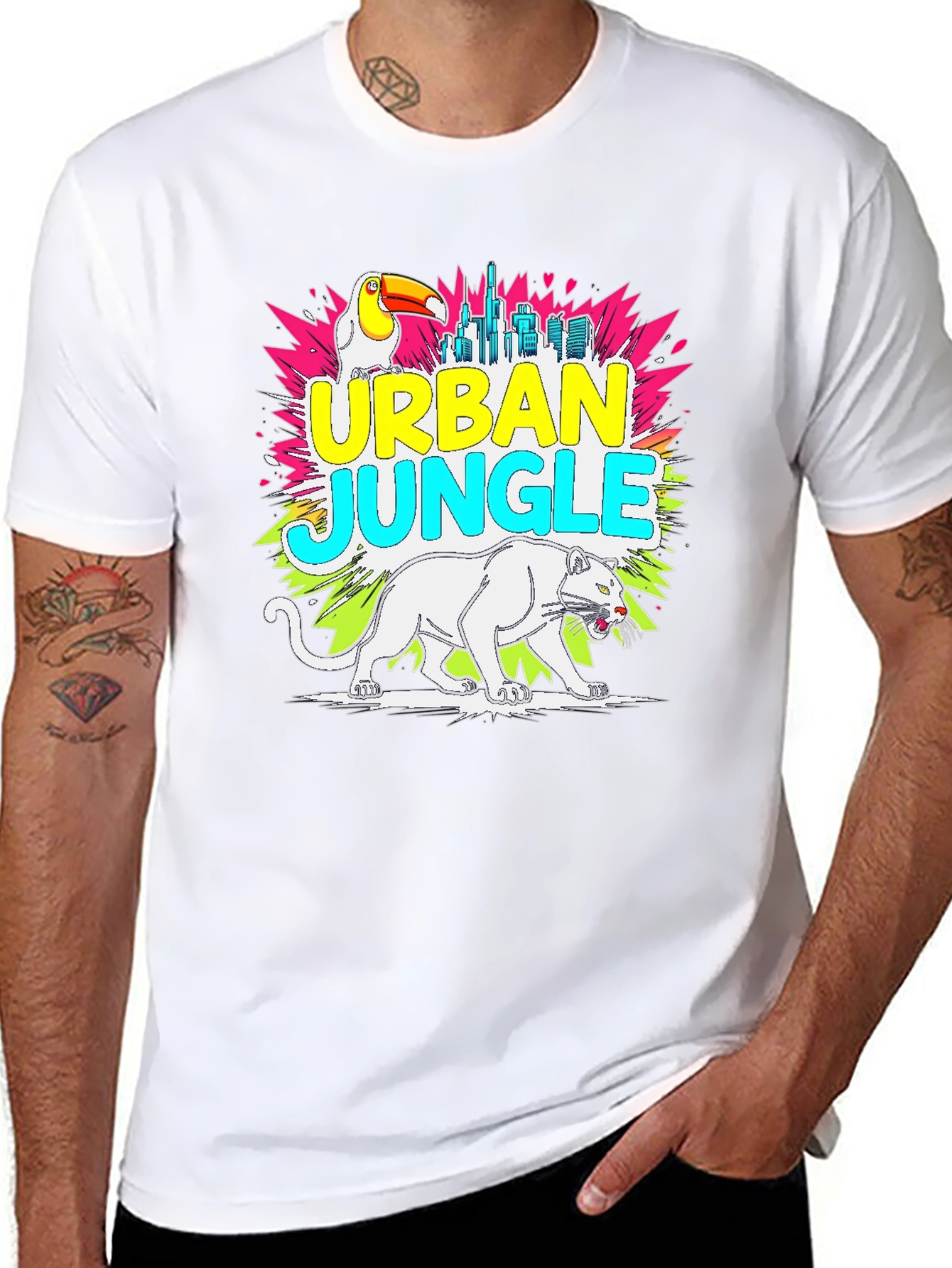 Urban Jungle Graphic Tee - Toucan Panther Cityscape