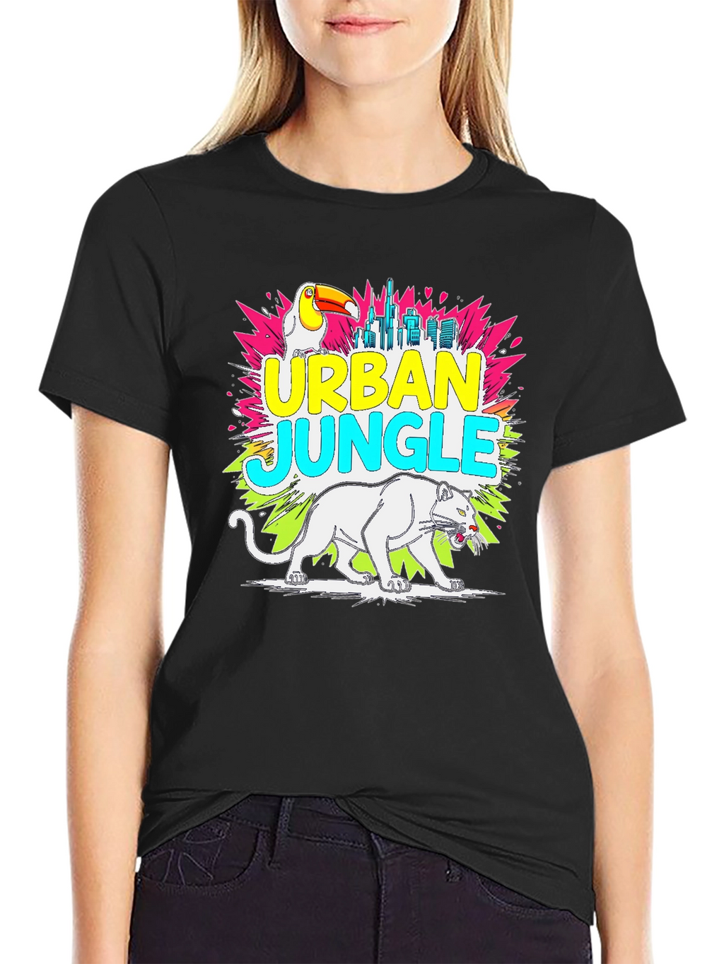 Urban Jungle Graphic Tee - Toucan Panther Cityscape