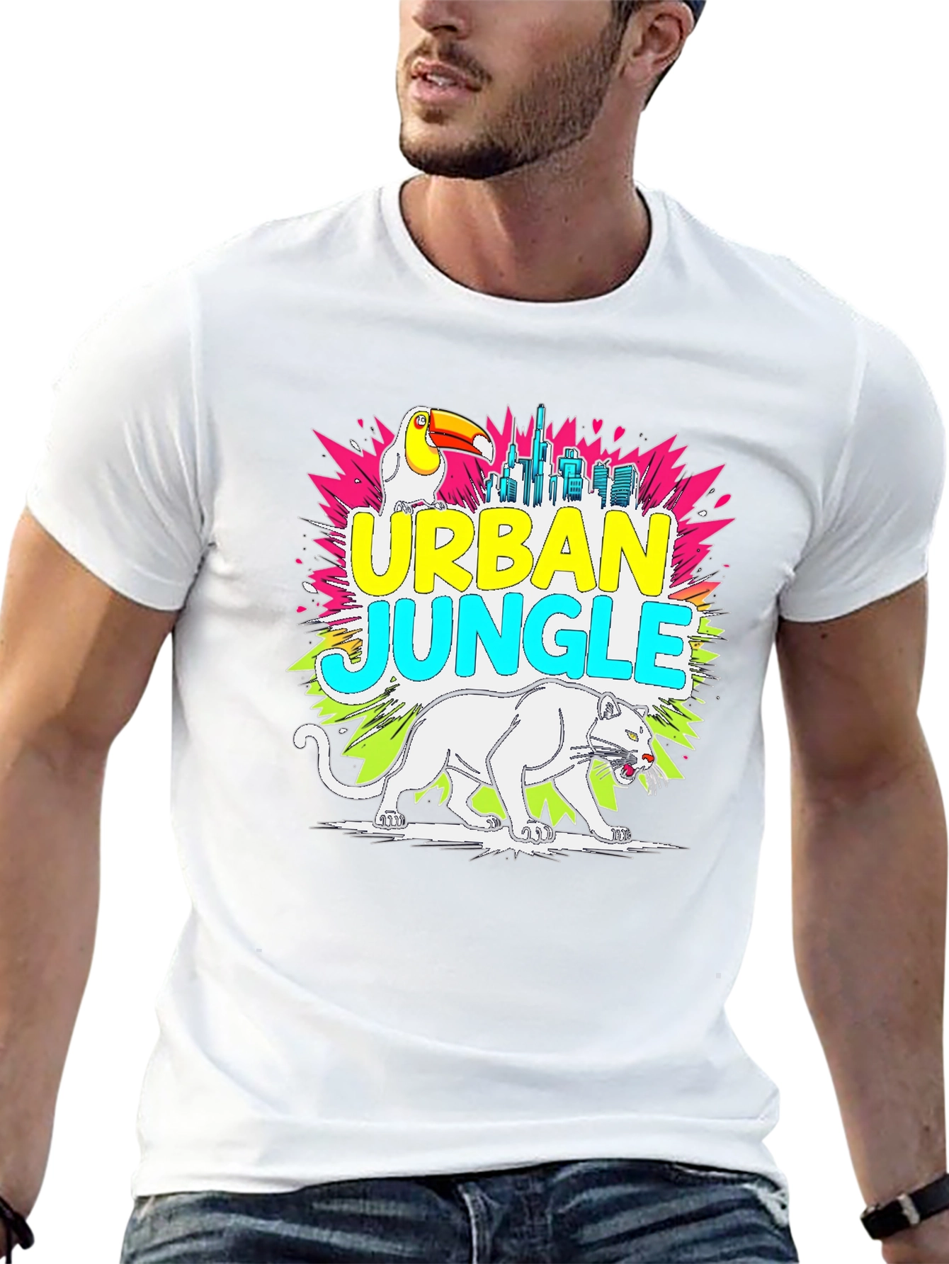Urban Jungle Graphic Tee - Toucan Panther Cityscape