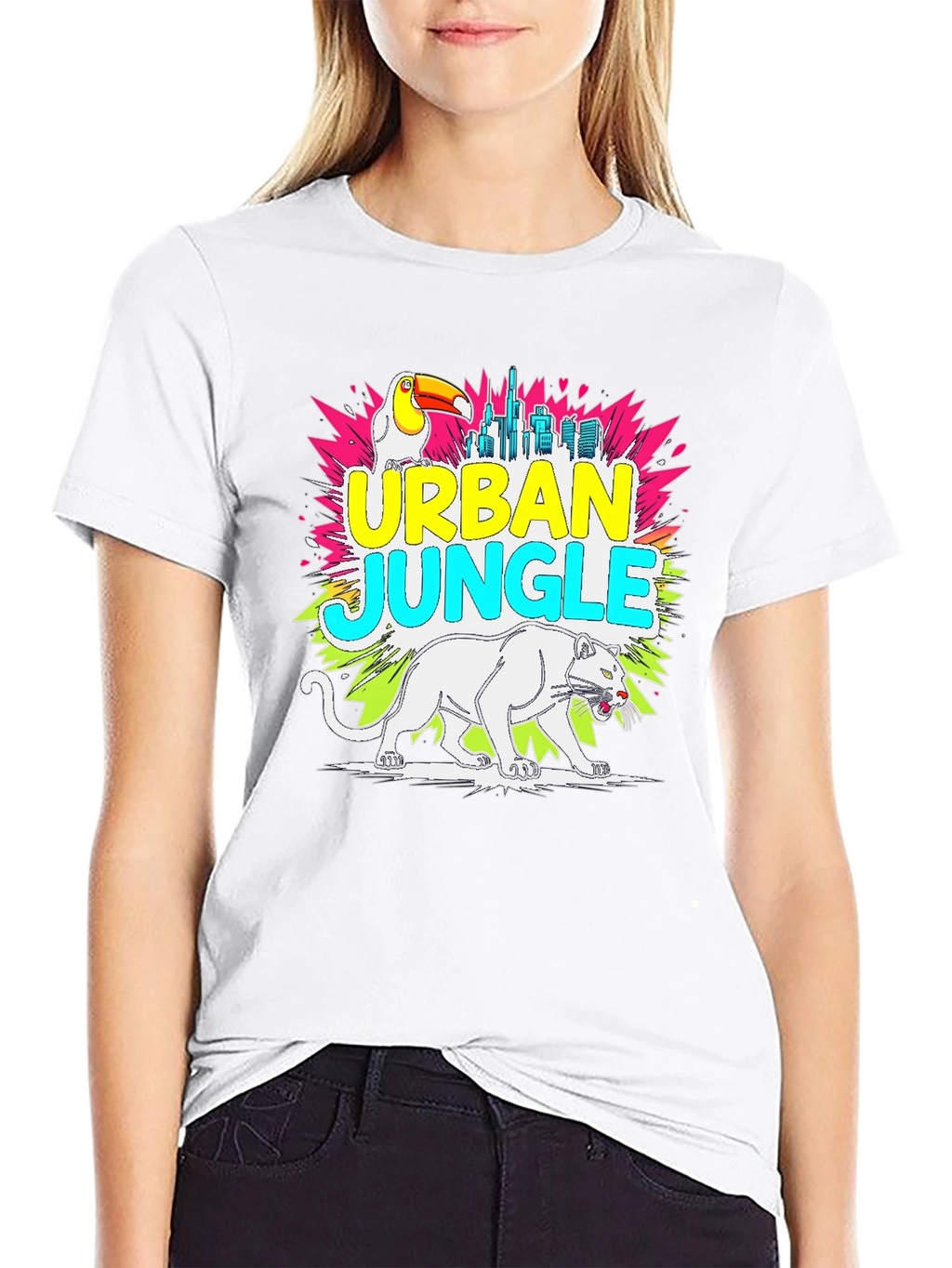Urban Jungle Graphic Tee - Toucan Panther Cityscape