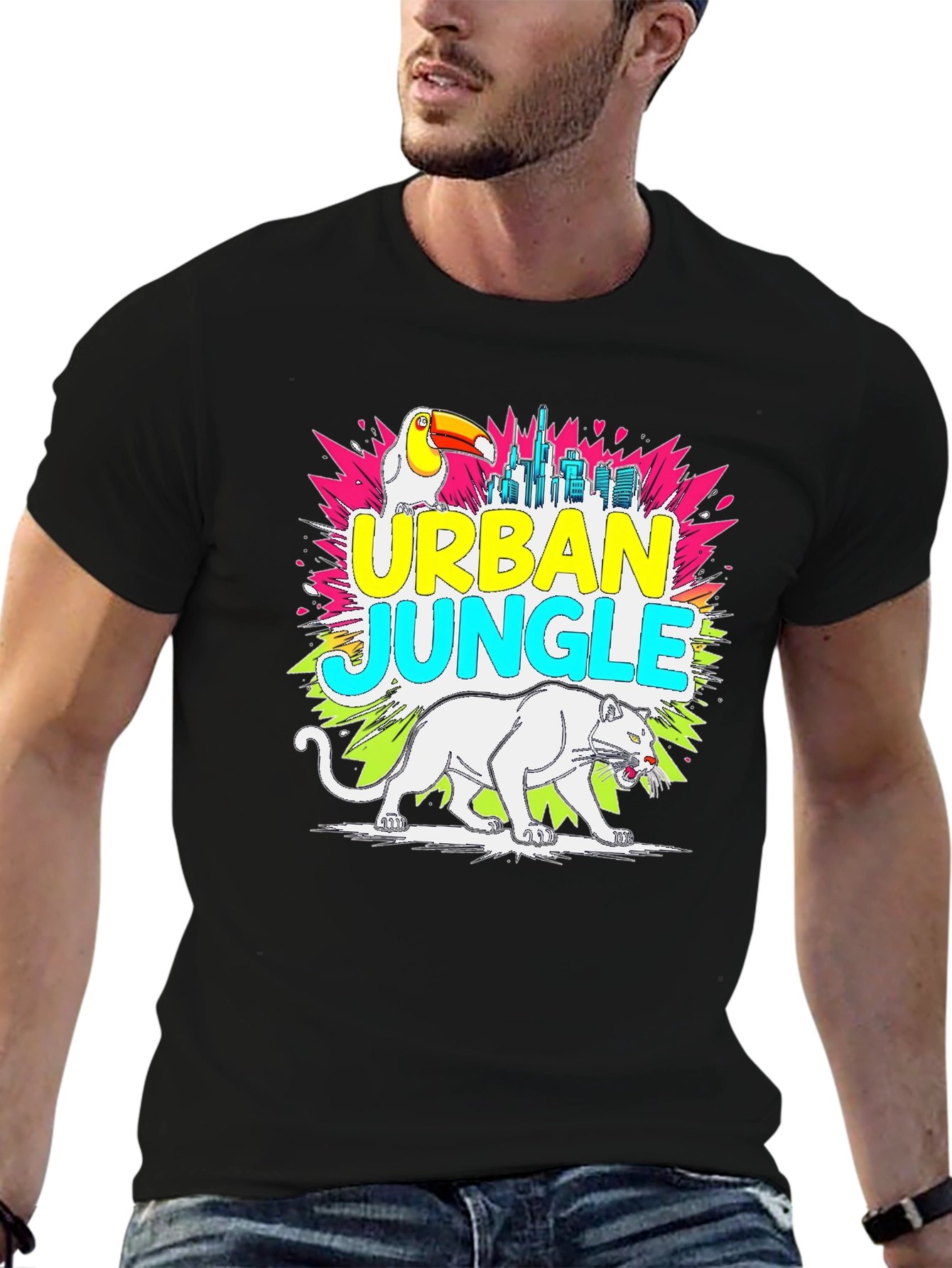 Urban Jungle Graphic Tee - Toucan Panther Cityscape